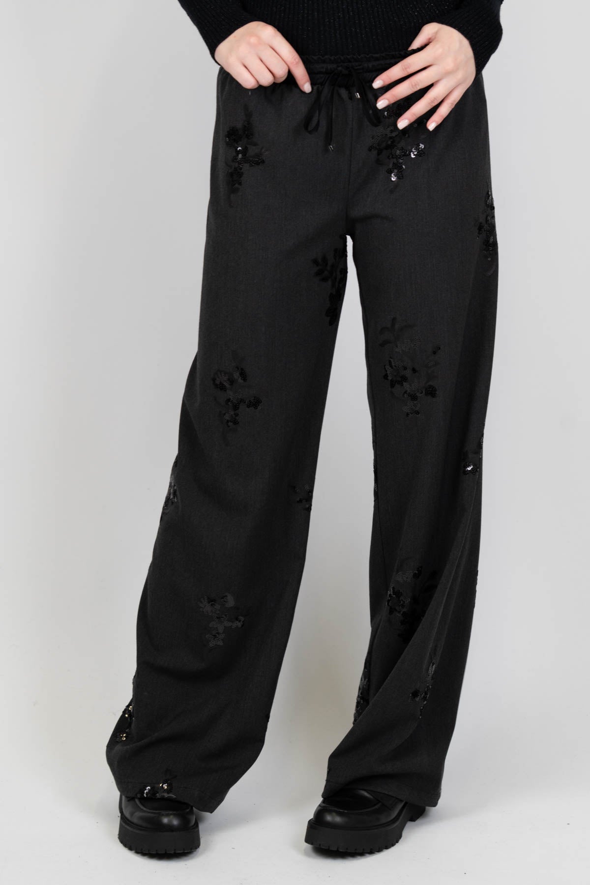 Haveone - Pantalone palazzo fantasia floreale in paillettes