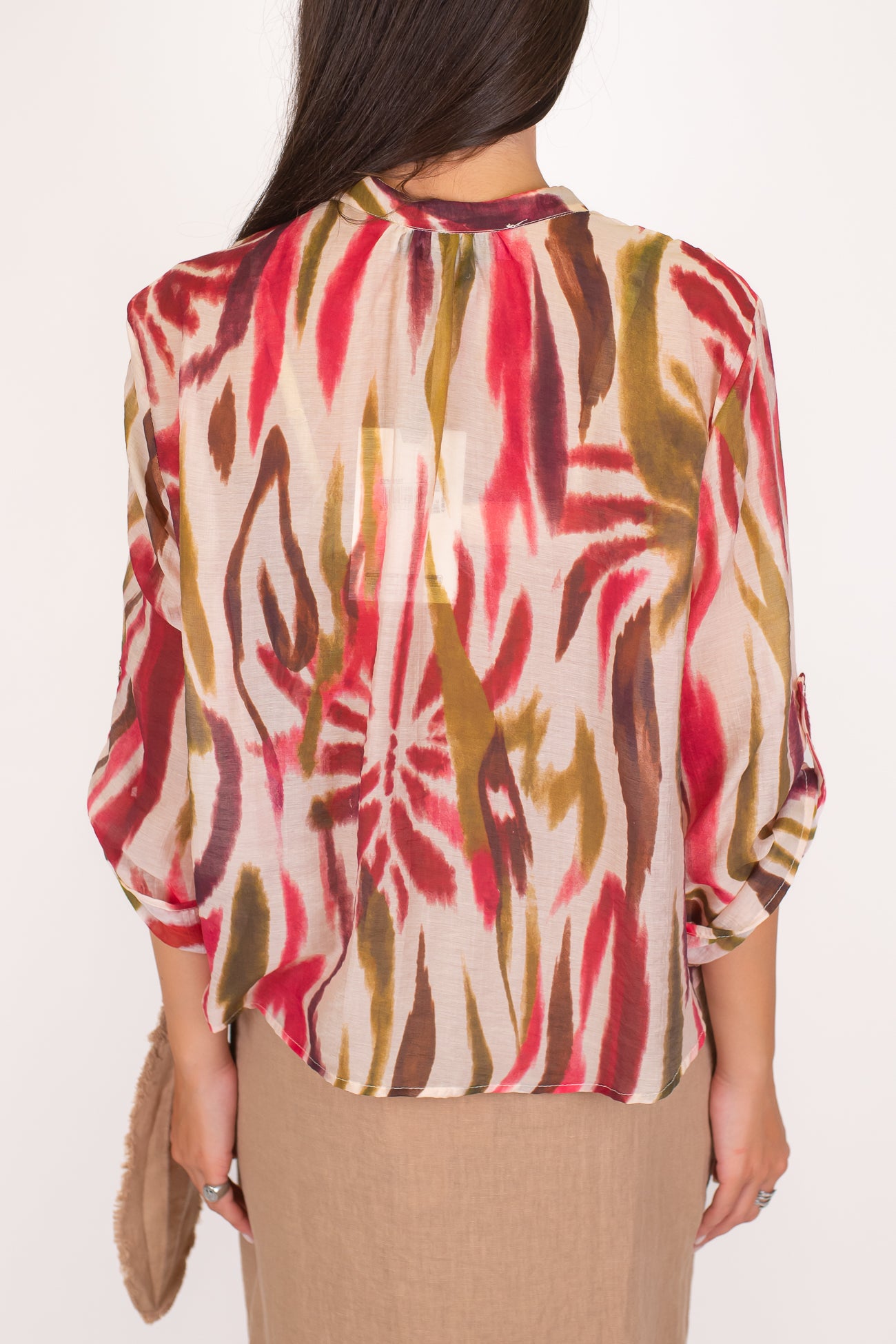 Haveone - Camicia fantasia astratta in lyocell con manica tre quarti e collo coreano