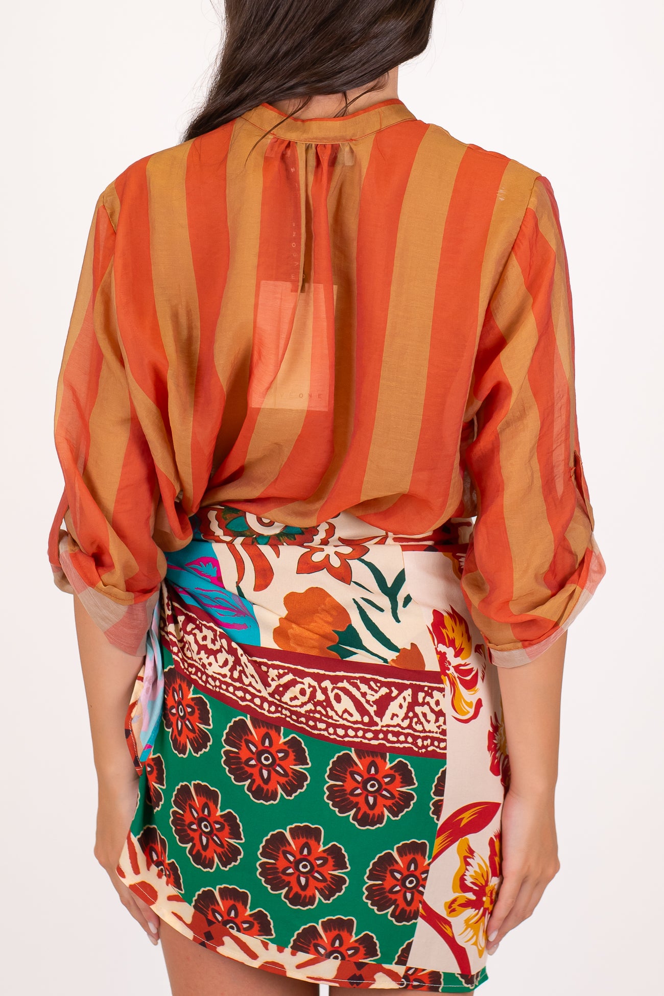 Haveone - Camicia fantasia a righe a contrasto in lyocell con manica tre quarti