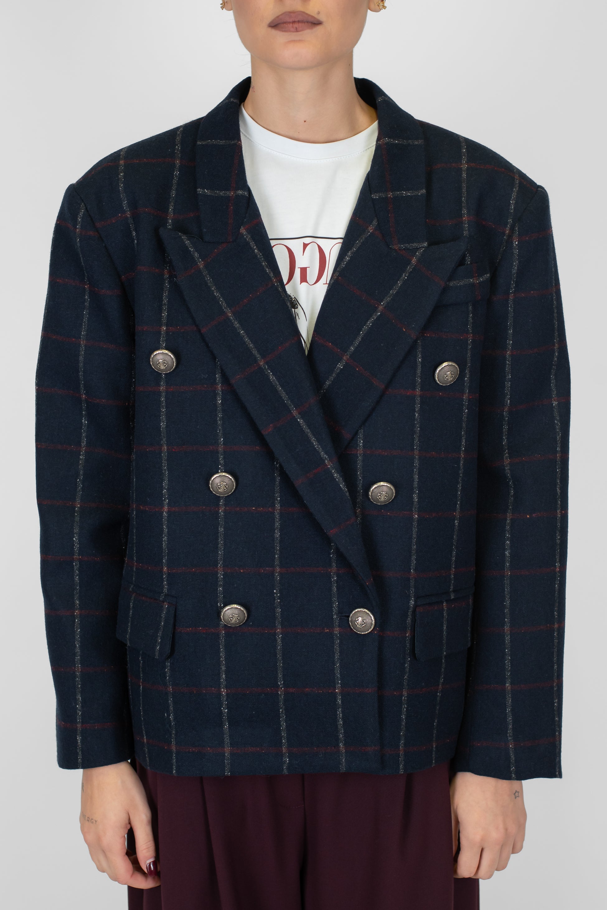 Tensione in - Giacca doppiopetto crop fantasia quadri in misto lana