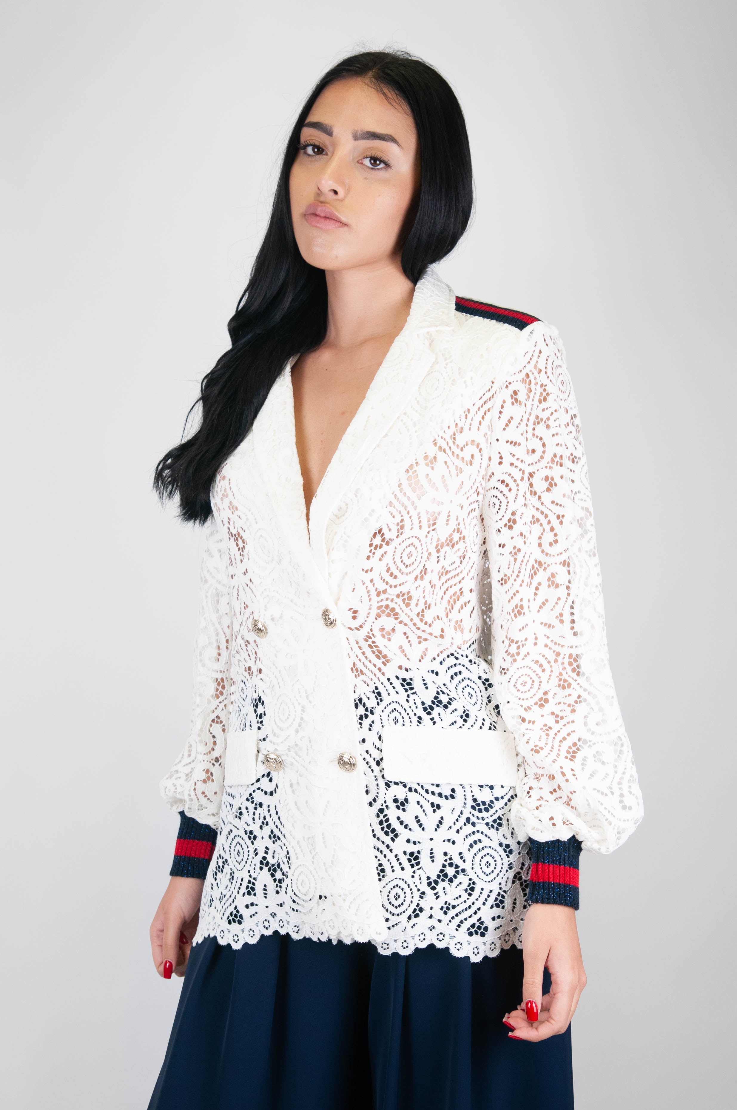 Tension in - Double-breasted lace jacket with contrasting profiles