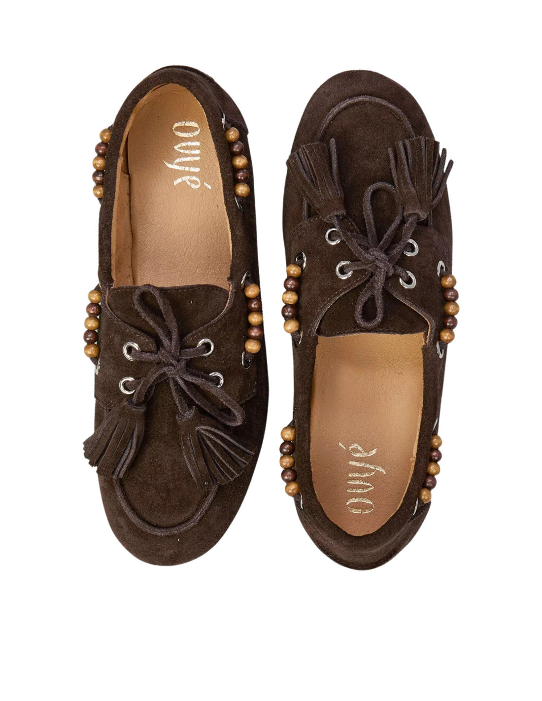 Ovyé - Mocassino in suede con lacci, nappine e perline laterali