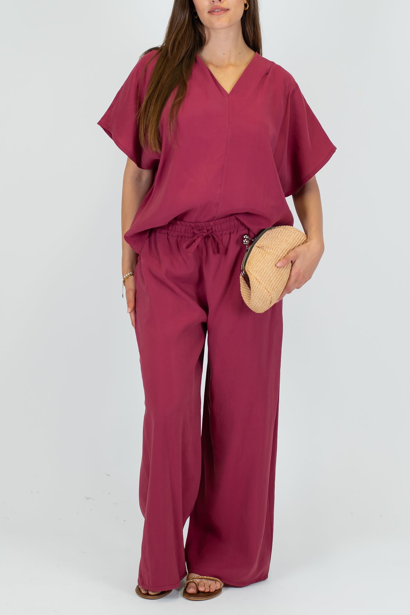 Haveone - Coordinato blusa scollo V e pantalone palazzo in cupro