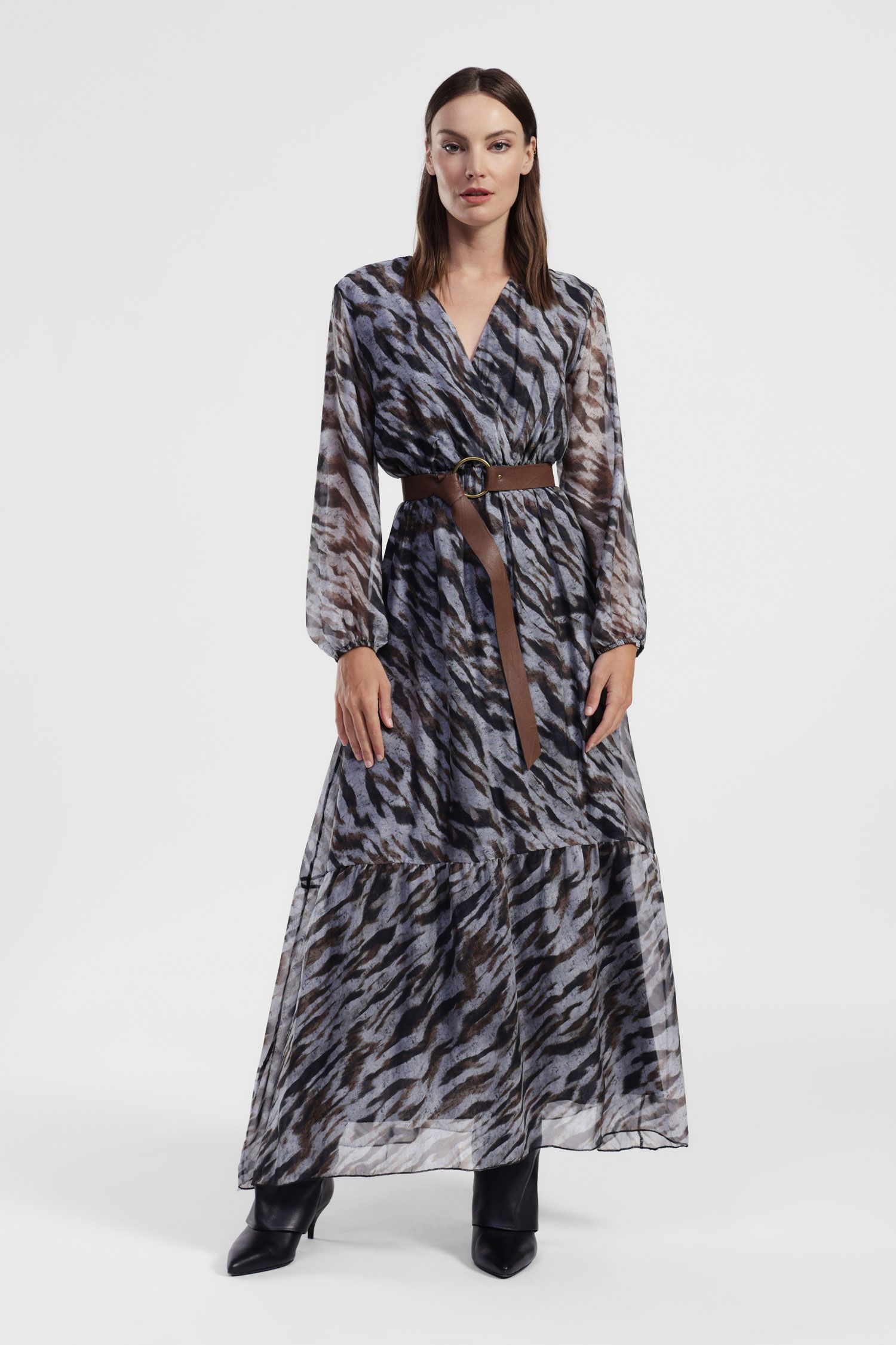 Dixie - Abito lungo scollo a V fantasia animalier in misto seta