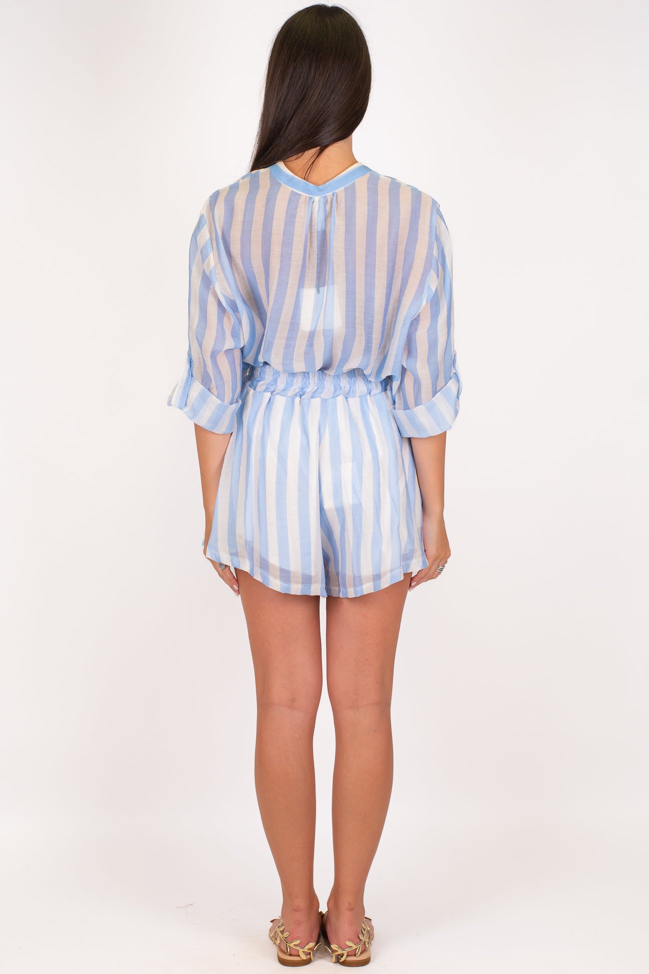 Tensione in - Coordinato camicia e shorts fantasia a righe in lyocell con profilo a contrasto floreale