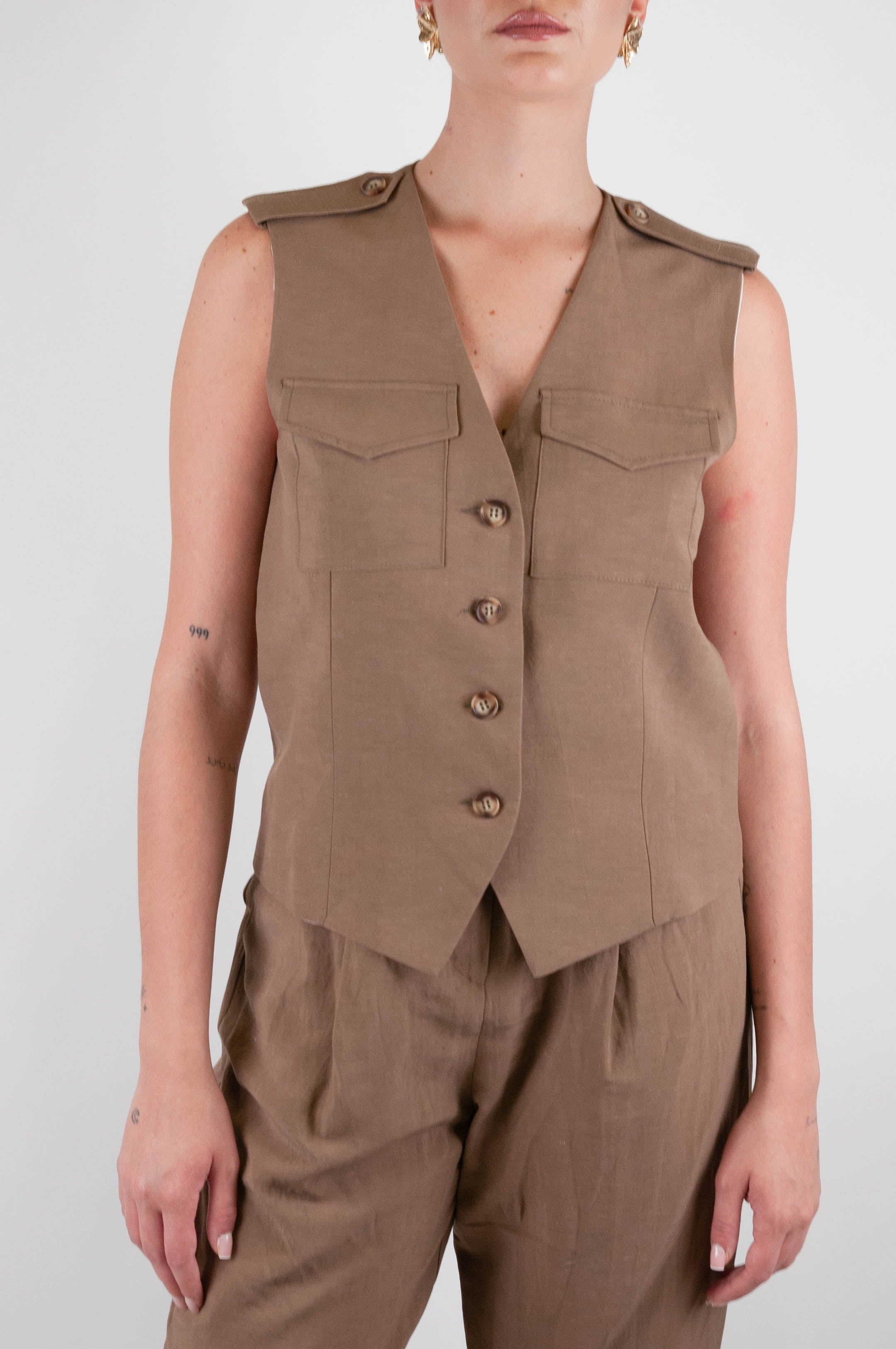 Motel - Gilet in misto lino con taschini sul petto