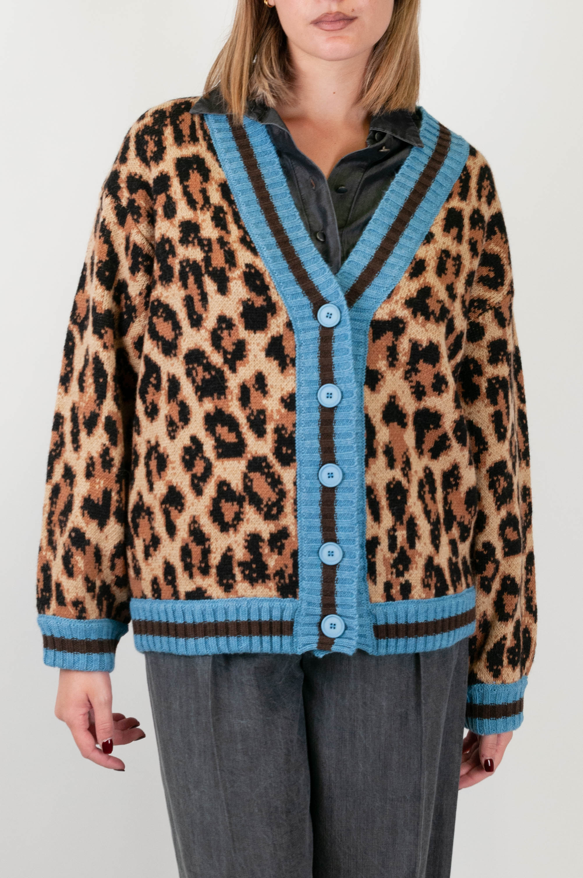 Tensione in - Cardigan fantasia animalier in misto lana con profili a contrasto