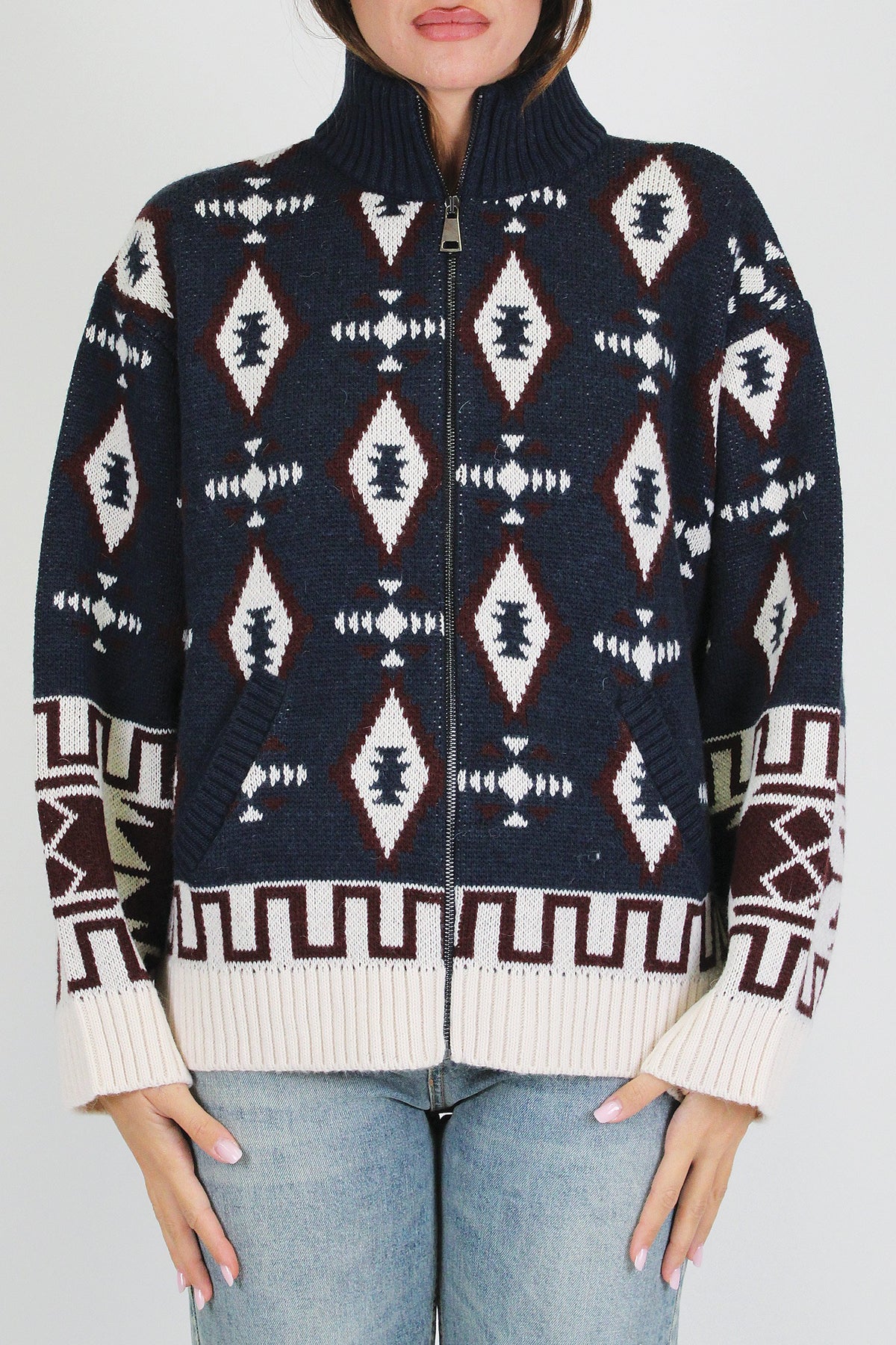Tensione in - Cardigan fantasia etnica in misto lana con collo alto e chiusurza zip