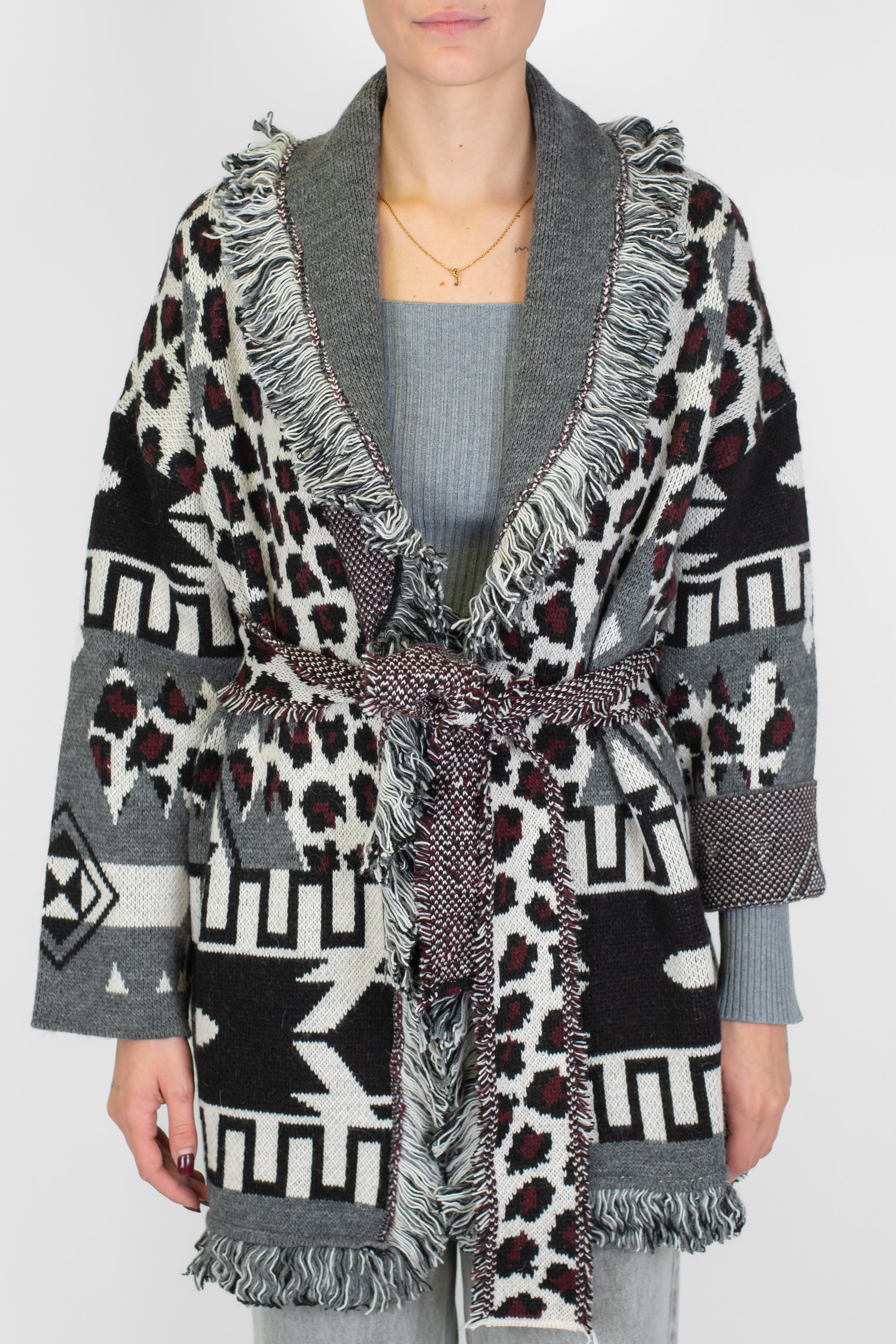 Motel - Cardigan in misto lana fantasia astratta con frange