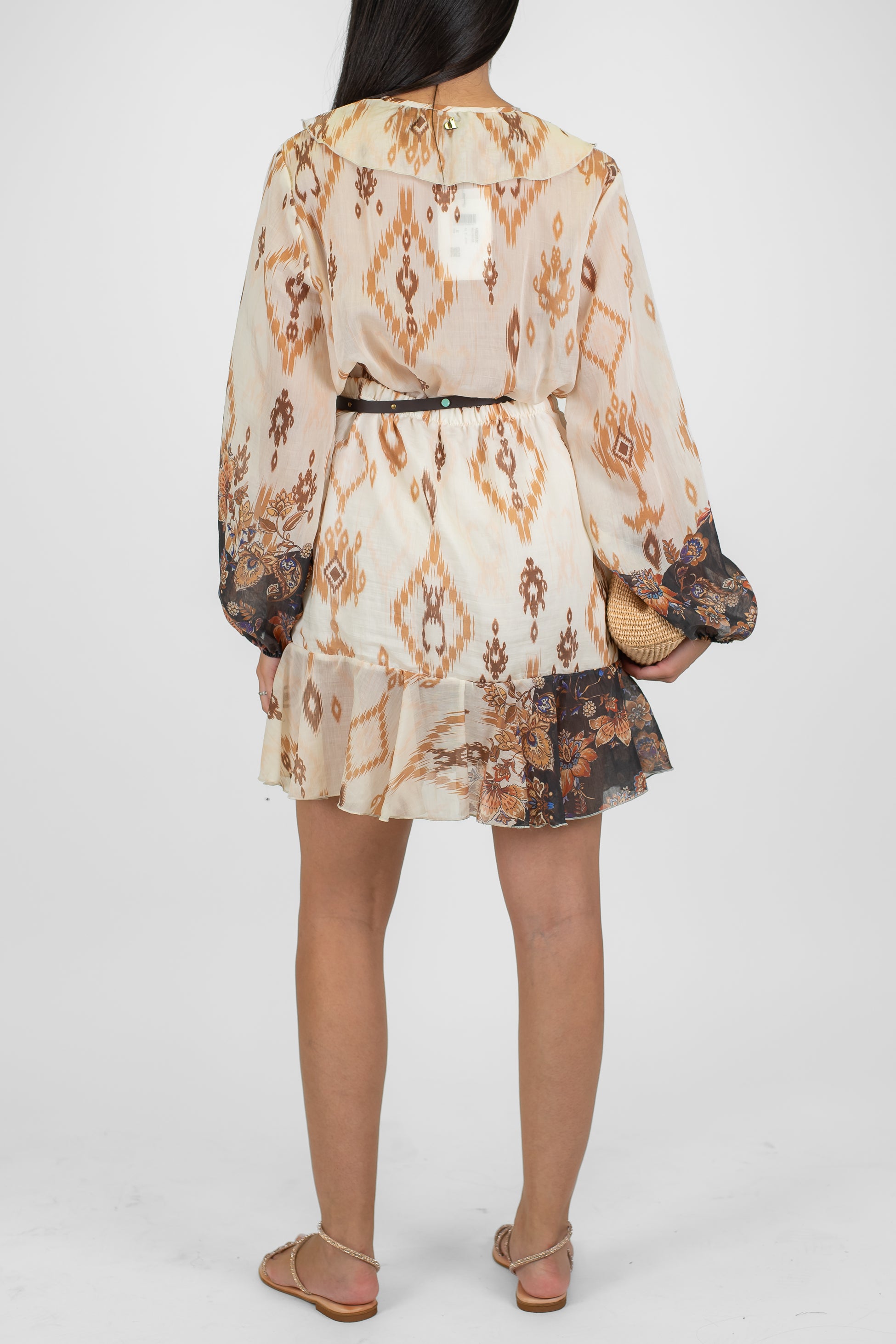 Dixie - Abito corto fantasia astratta in lyocell con scollo a V e rouches