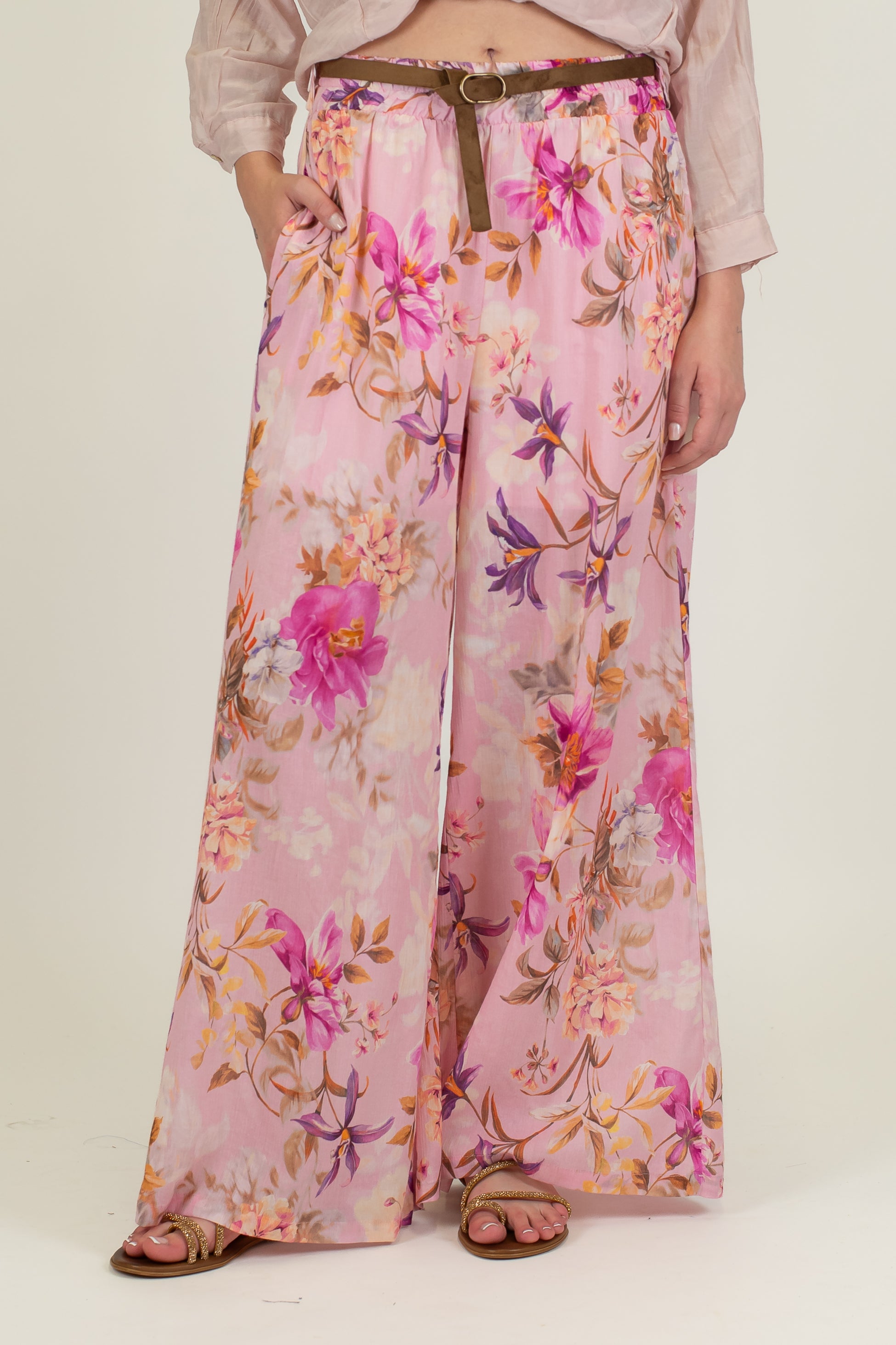 Motel - Pantalone palazzo fantasia floreale in mussola di cotone con elastico in vita
