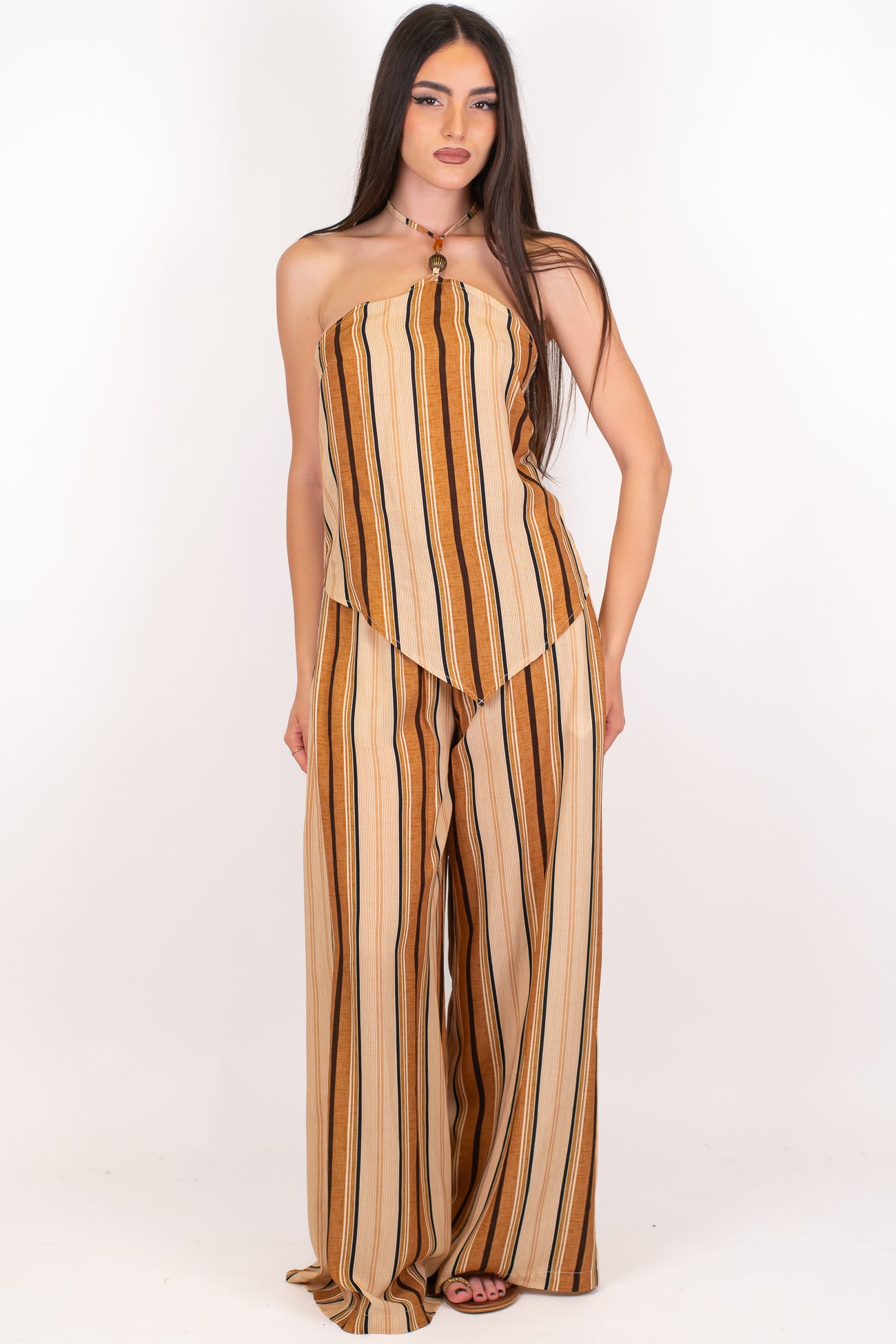 Haveone - Coordinato in viscosa fantasia a righe con top fazzoletto  e pantalone palazzo con elastico in vita