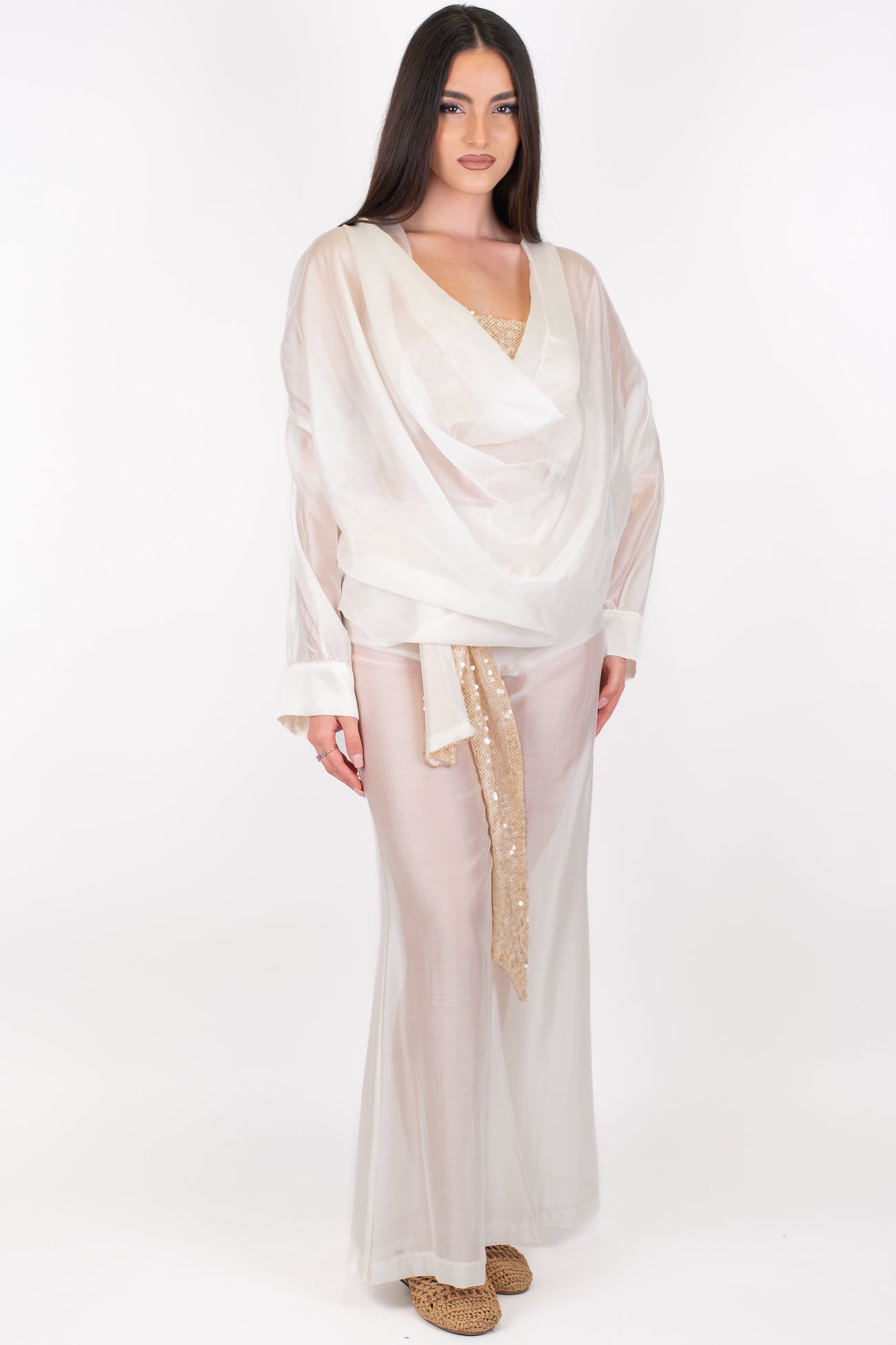 Haveone - Pantalone palazzo in lyocell con elastico in vita, coulotte e fusciacca paillettes