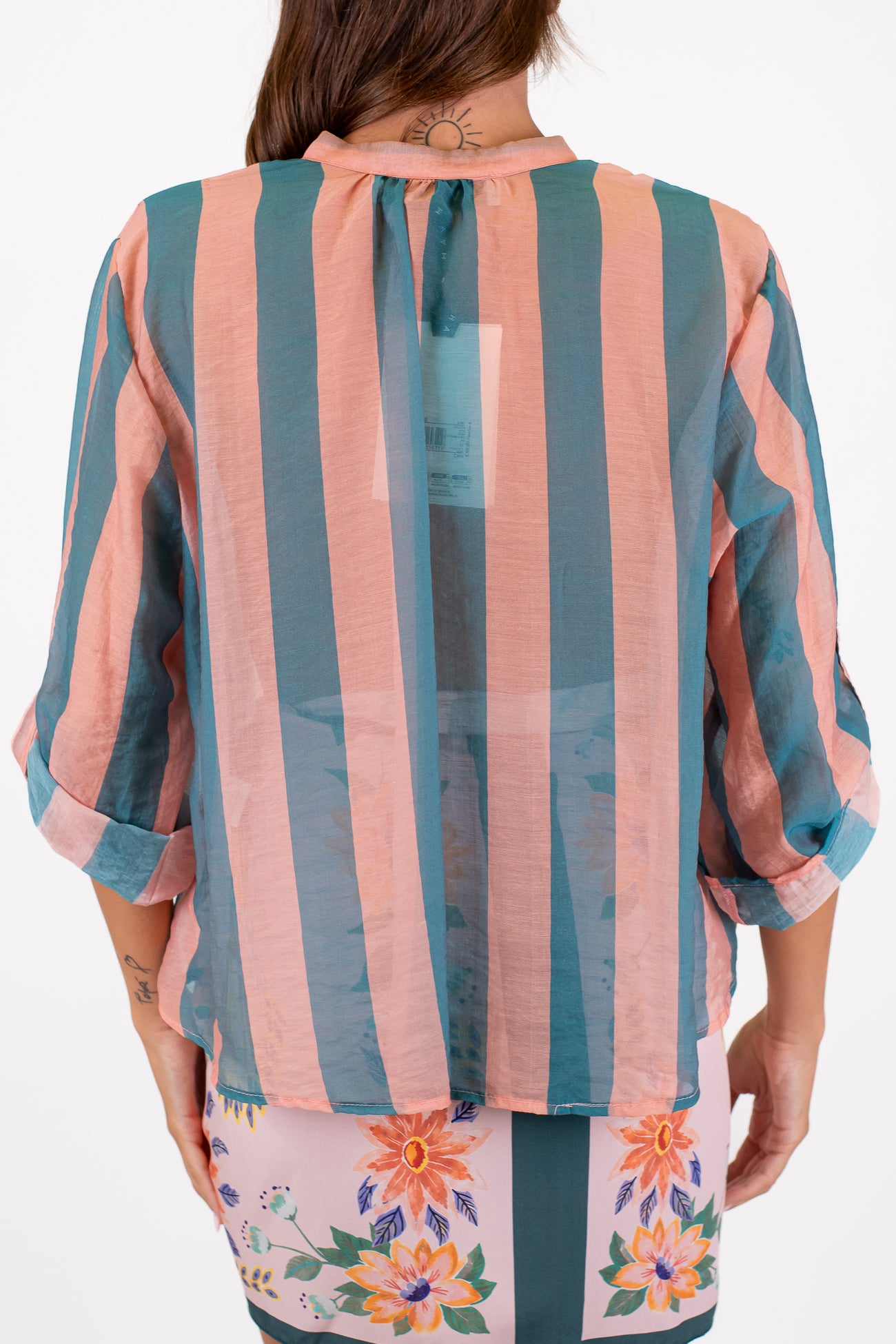 Haveone - Camicia fantasia a righe a contrasto in lyocell con manica tre quarti