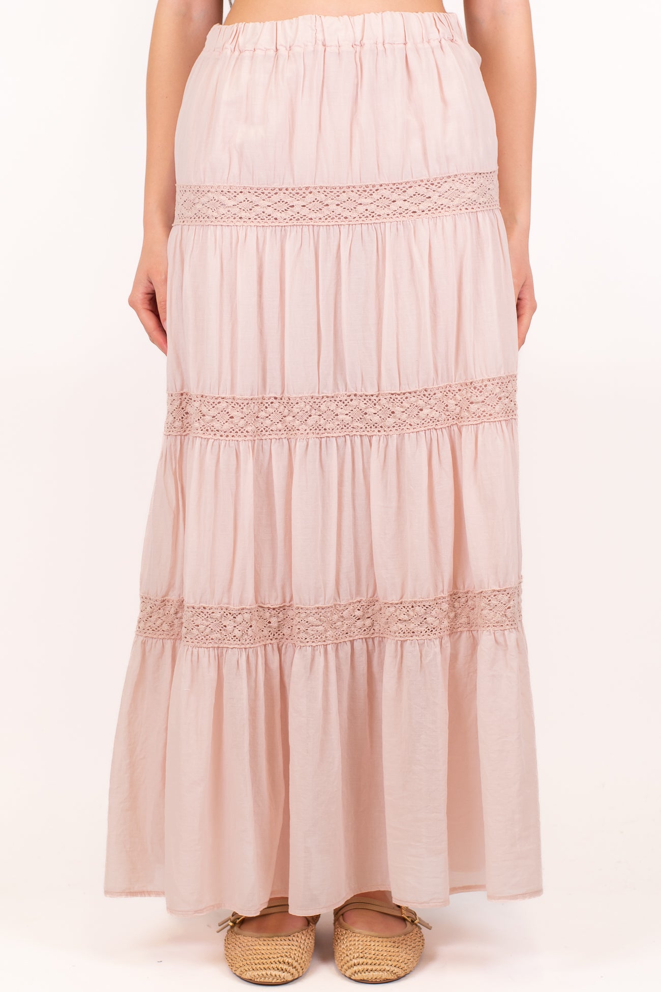 Haveone - Gonna in mussola di cotone con balze ricamate in pizzo sangallo ed elastico in vita