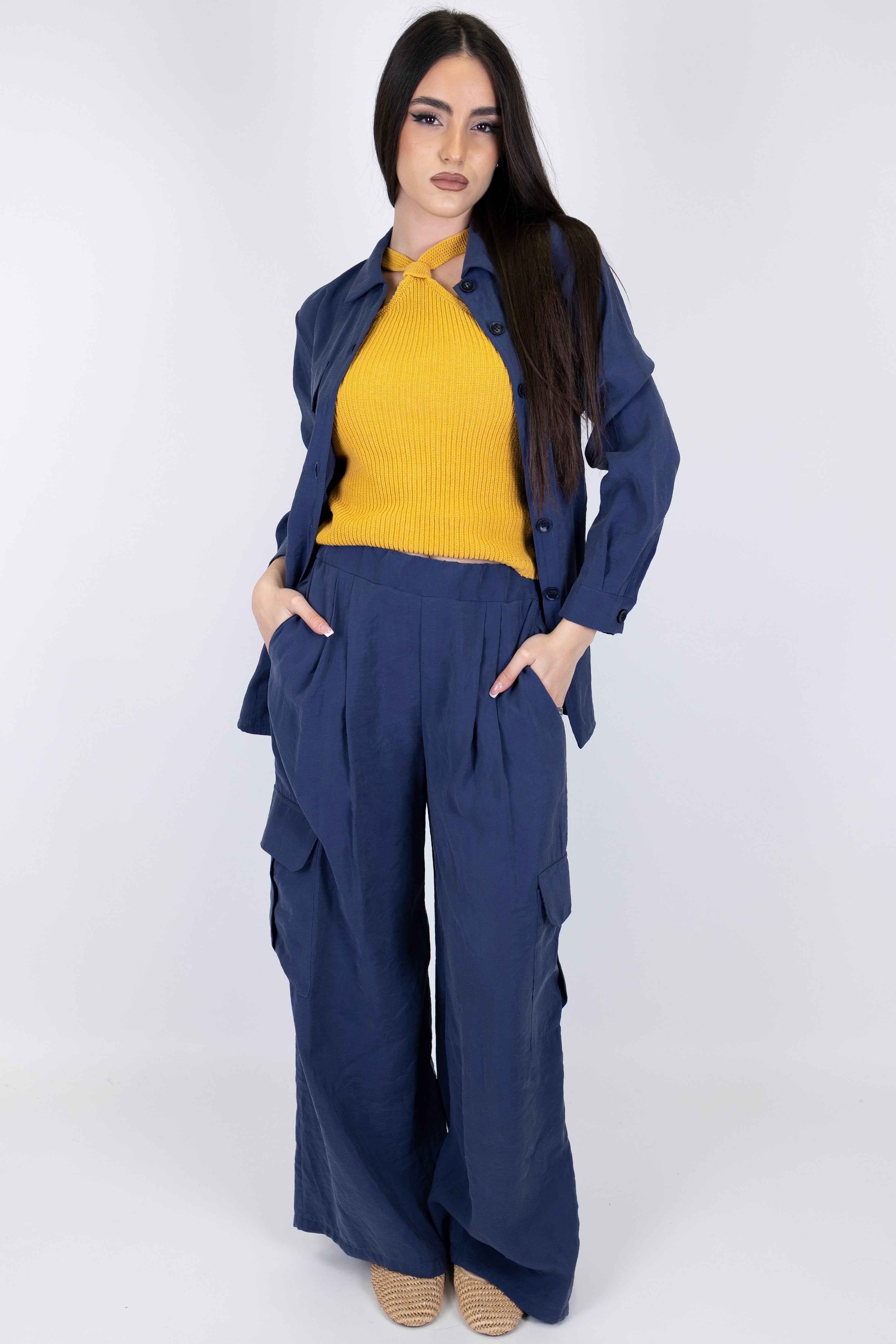 Motel - Coordinato in modal camicia con taschini e pantalone cargo palazzo con elastico in vita