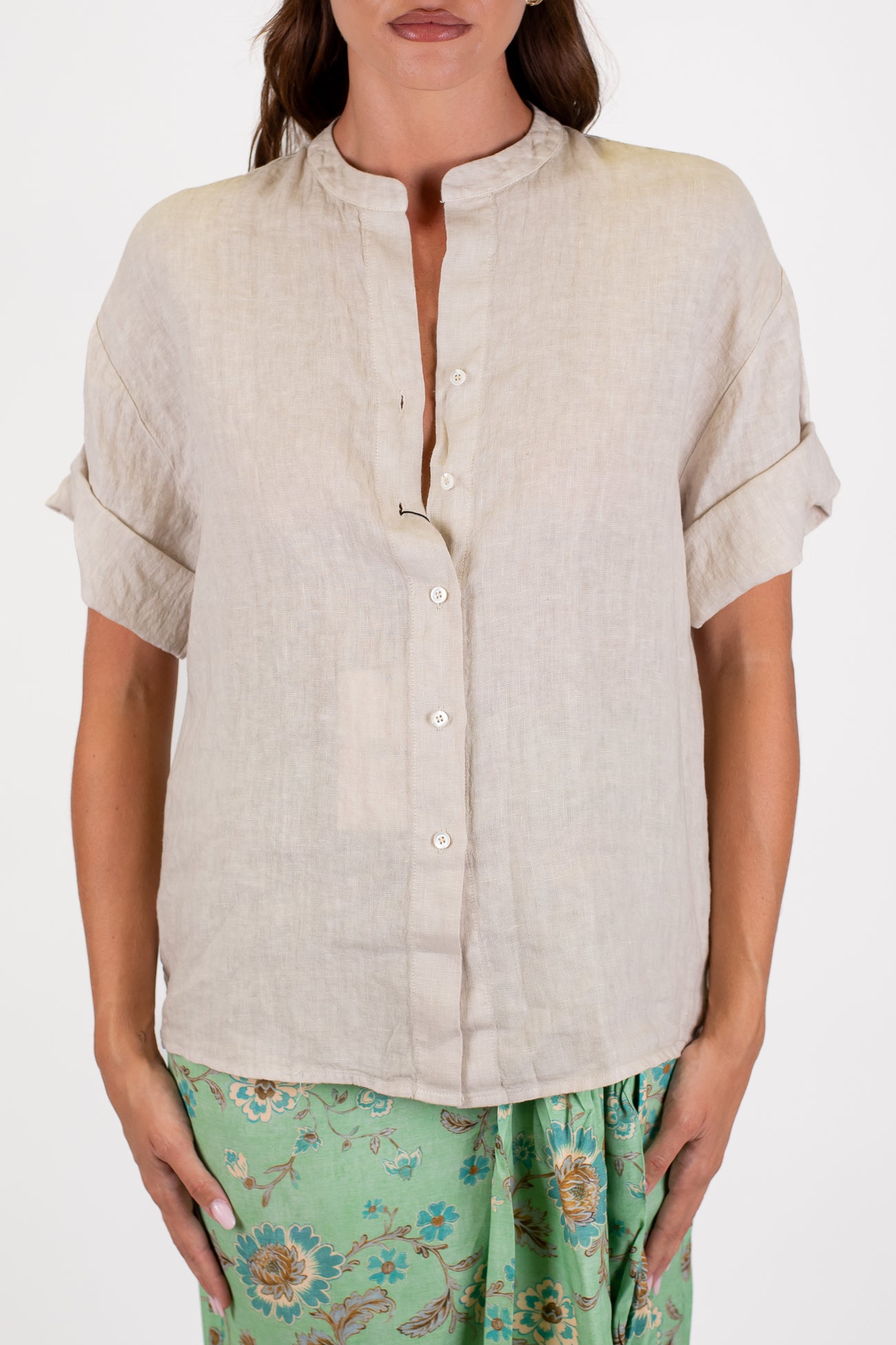 Dixie - Camicia mezzamanica in puro lino con collo coreano