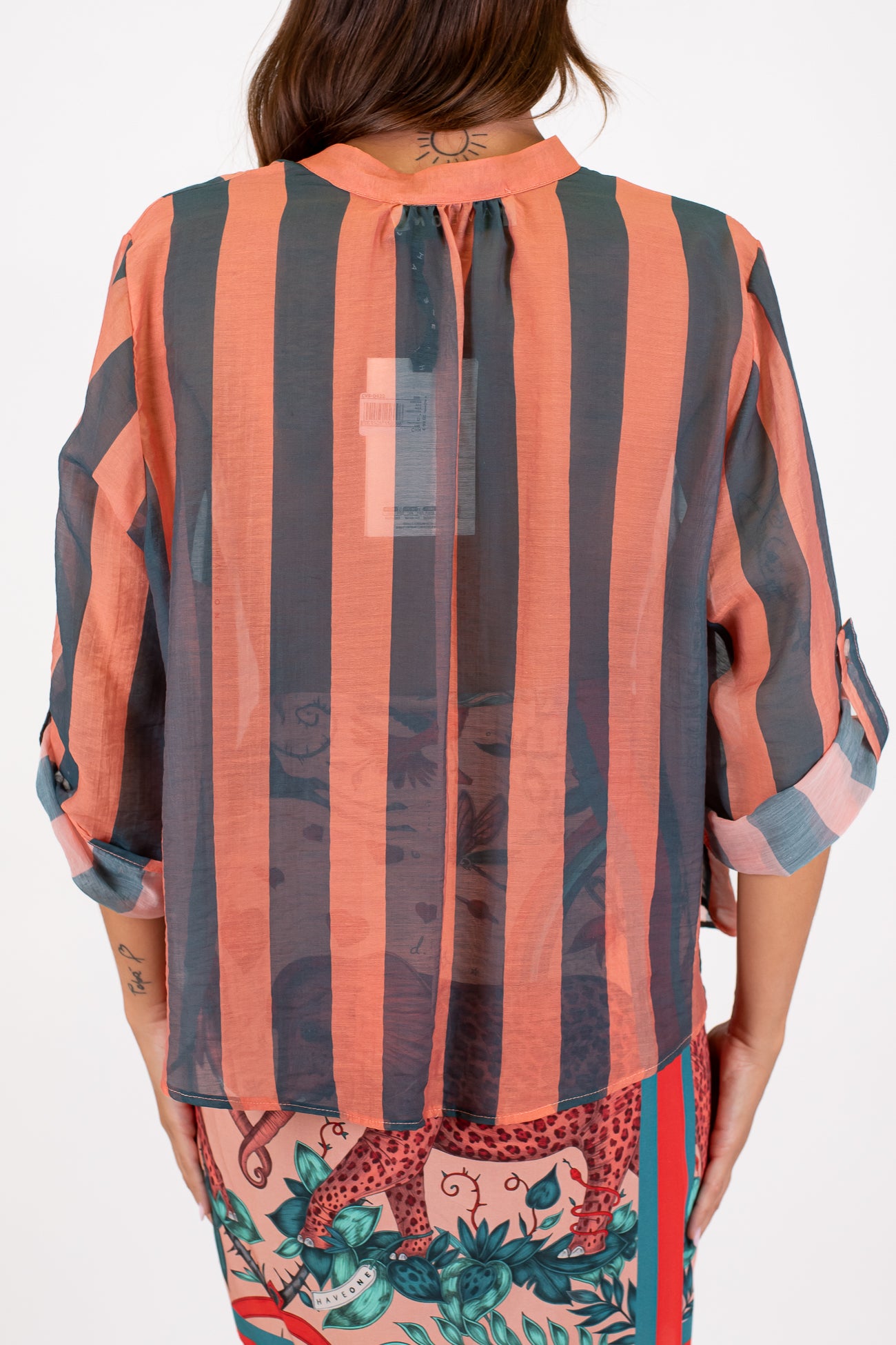 Haveone - Camicia fantasia a righe a contrasto in lyocell con manica tre quarti