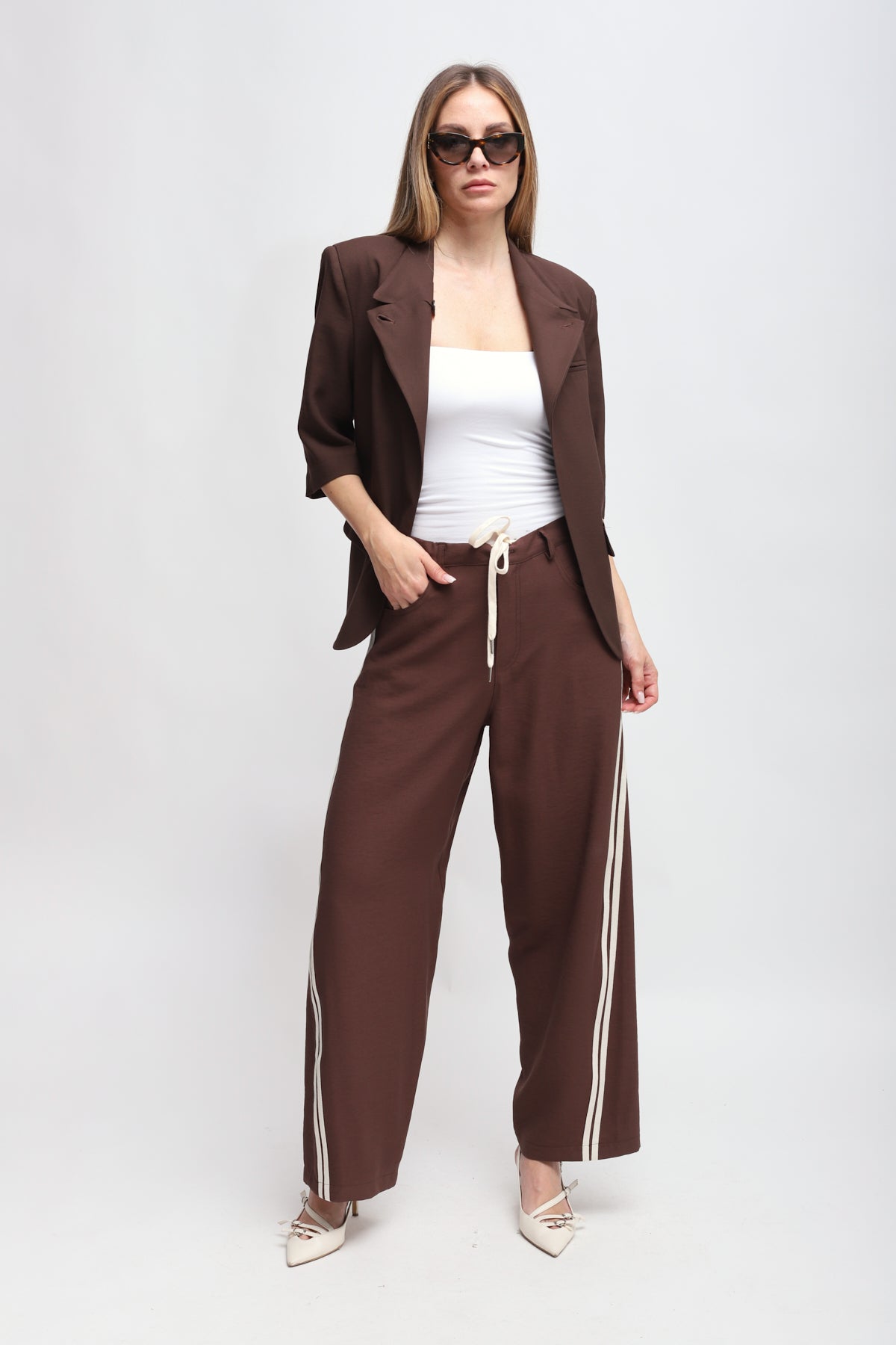 Maryley - Pantalone palazzo in viscosa leggera con coulisse ed bande laterali a contrasto