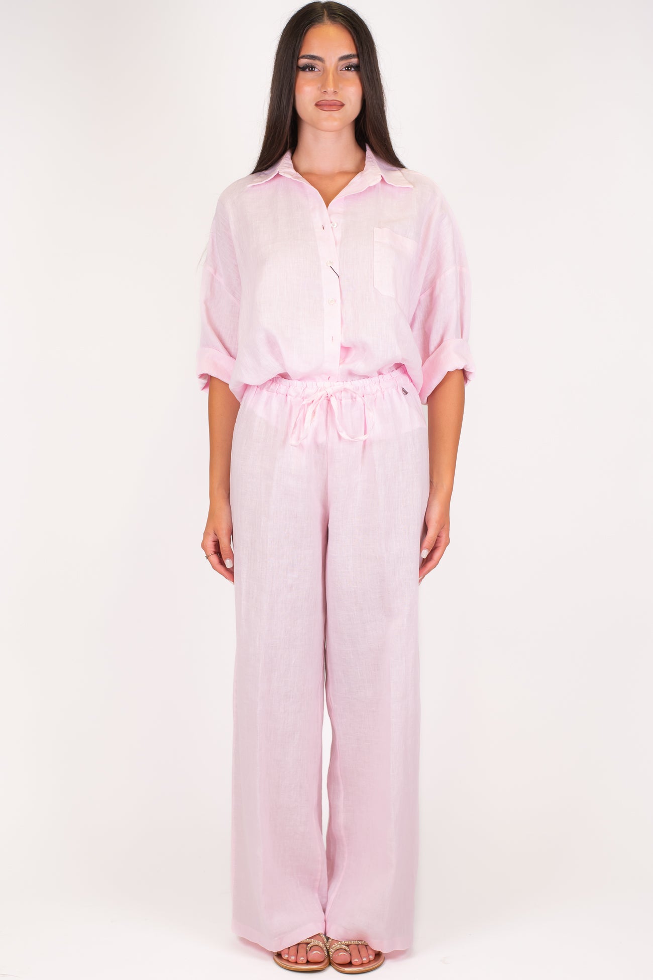 Dixie - Coordinato in puro lino camicia con taschino e pantalone palazzo con coulisse