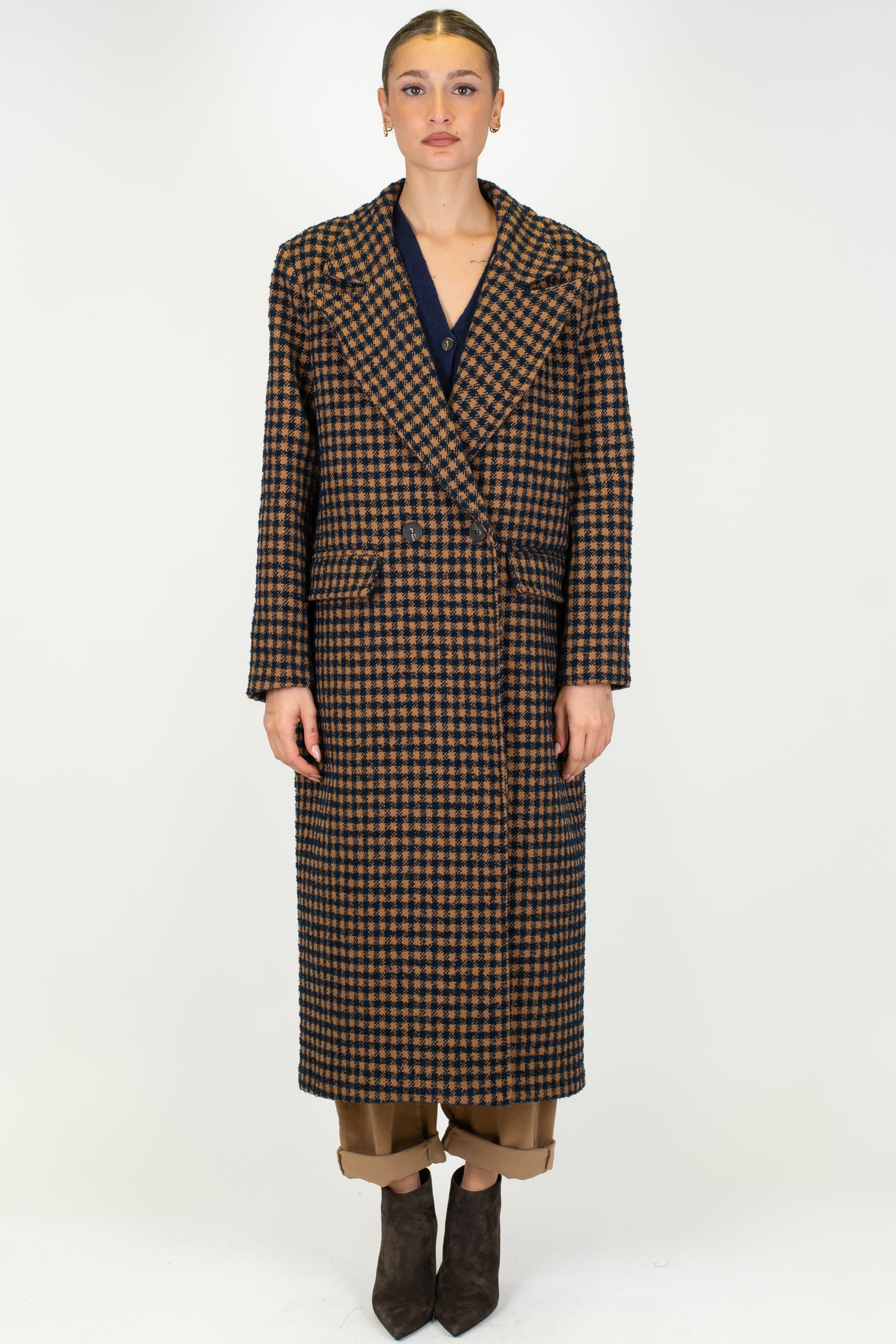 Tensione in - Cappotto lungo in misto lana fantasia pied de paule