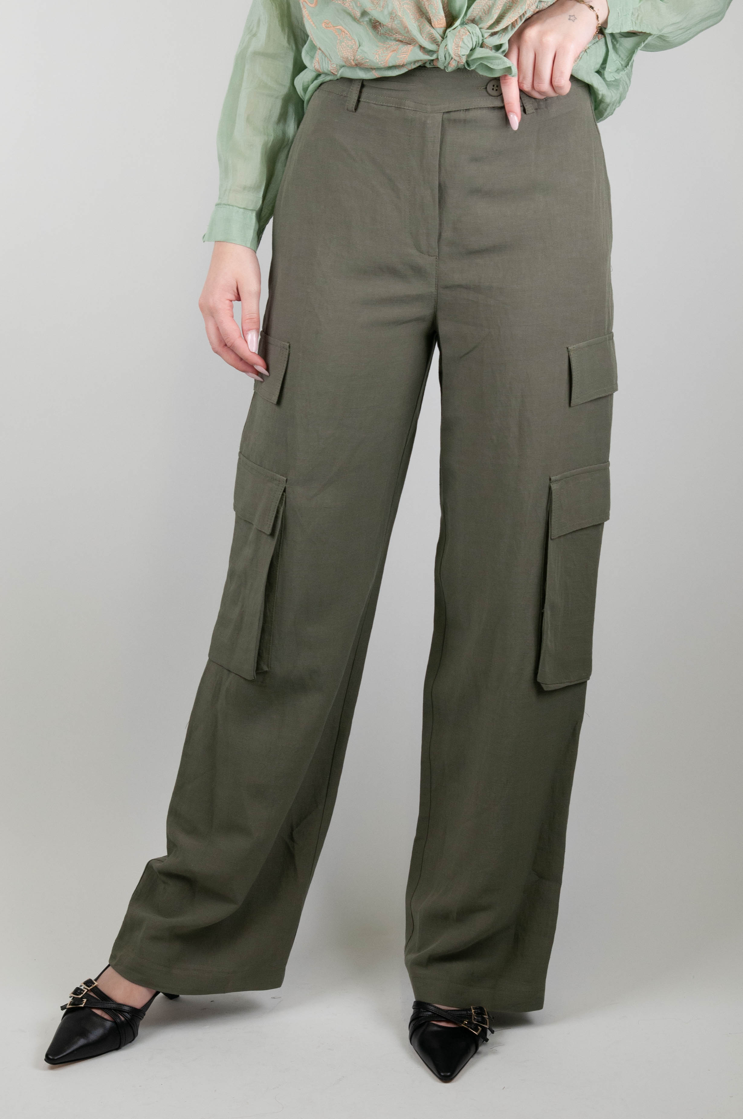 Haveone - Linen blend cargo palazzo trousers