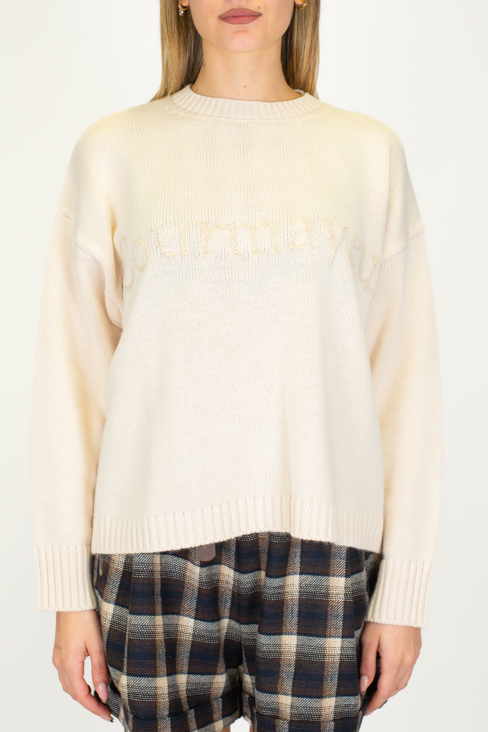 Motel - Maglia girocollo in misto lana con scritta tono su tono "Courmayeur"