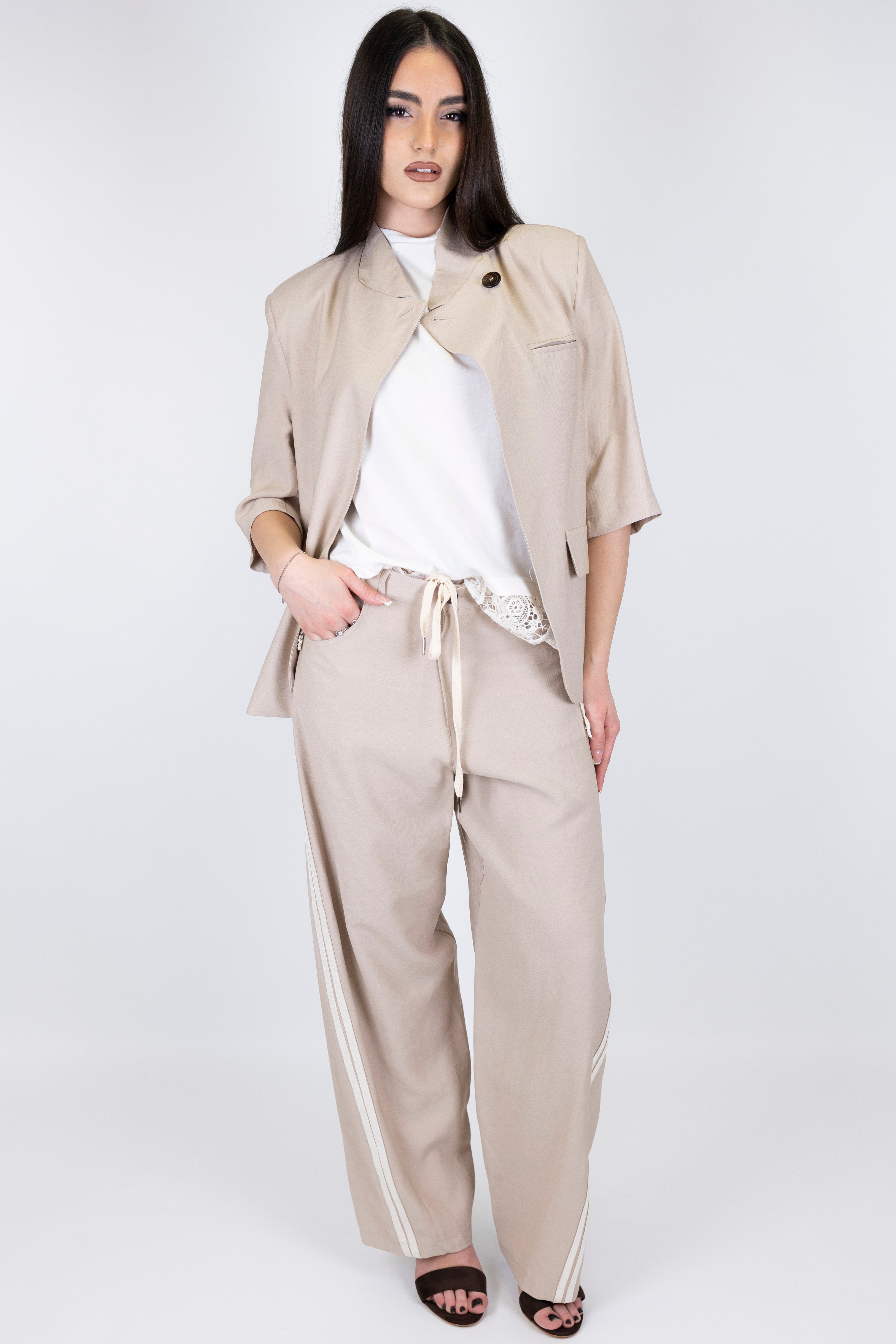 Maryley - Pantalone palazzo in viscosa leggera con coulisse e bande laterali a contrasto