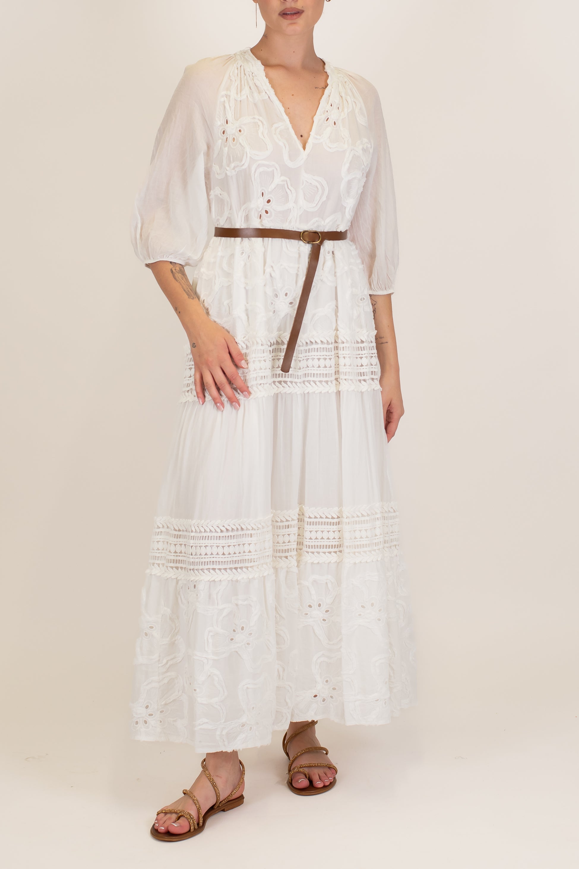 Motel - Abito lungo in pizzo sangallo con manica tre quarti