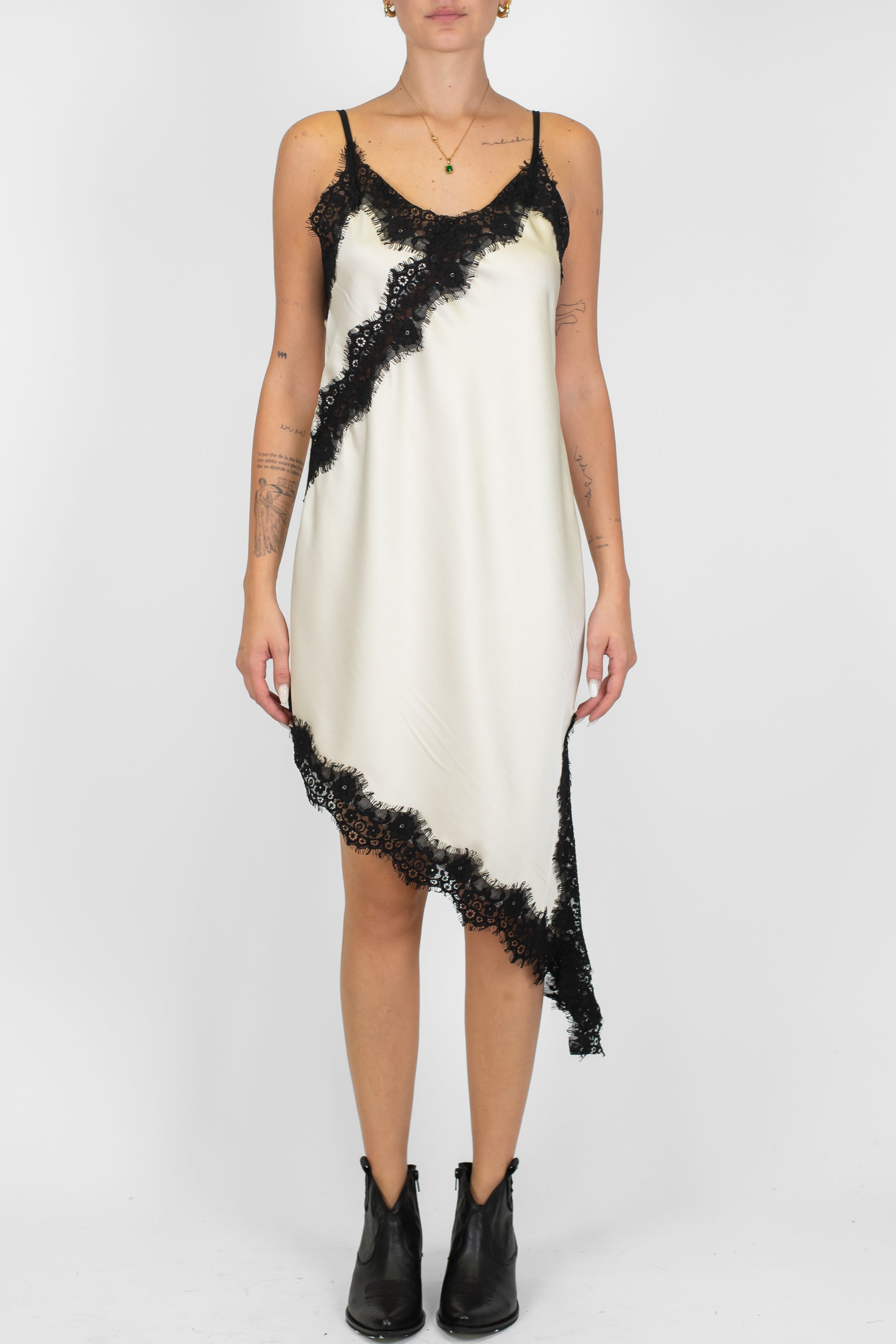 Haveone - Abito corto asimmetrico in satin con bretelline e orli in pizzo