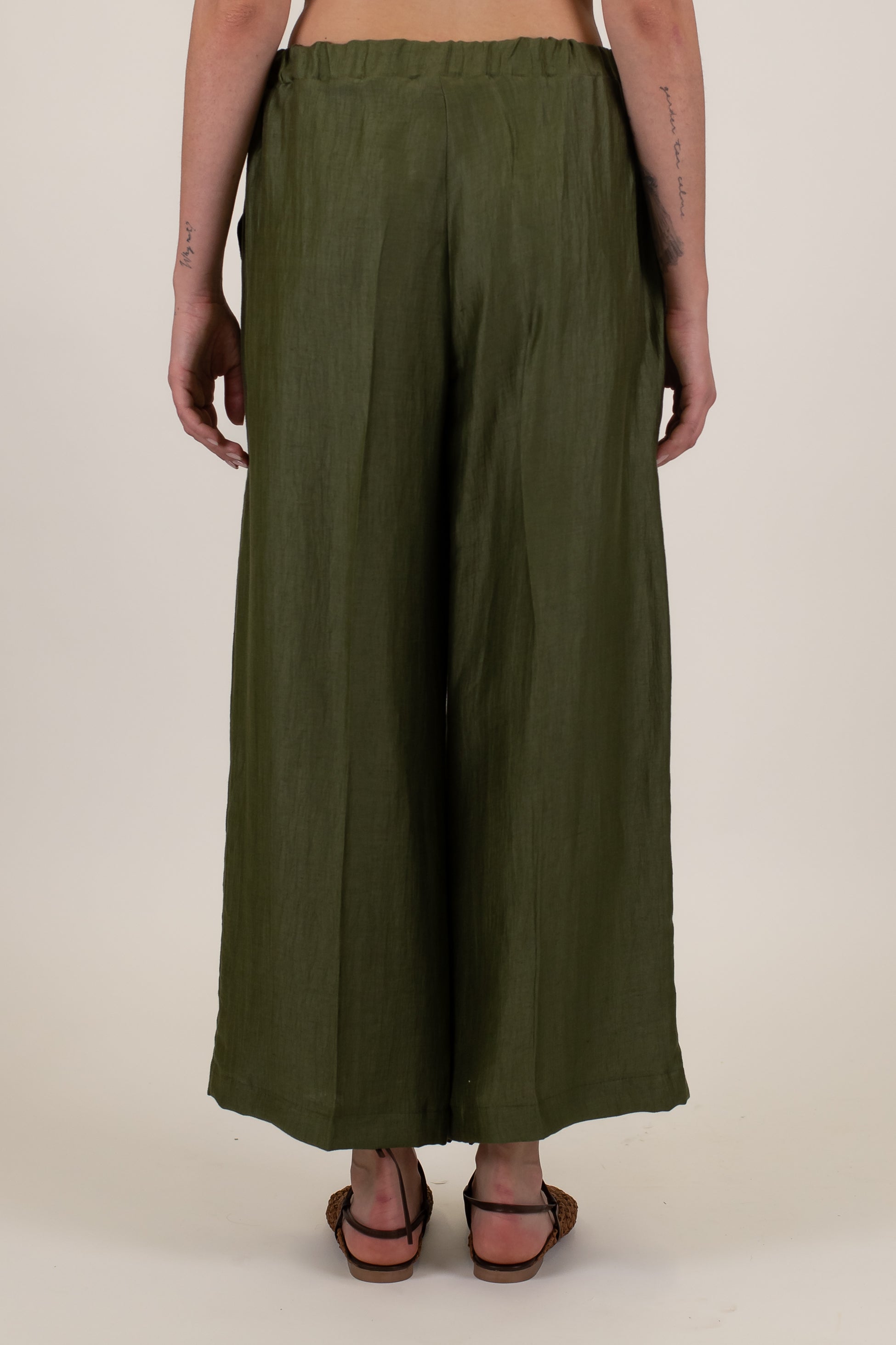 Maryley - Pantalone regular in lino con ricami ed elastico in vita