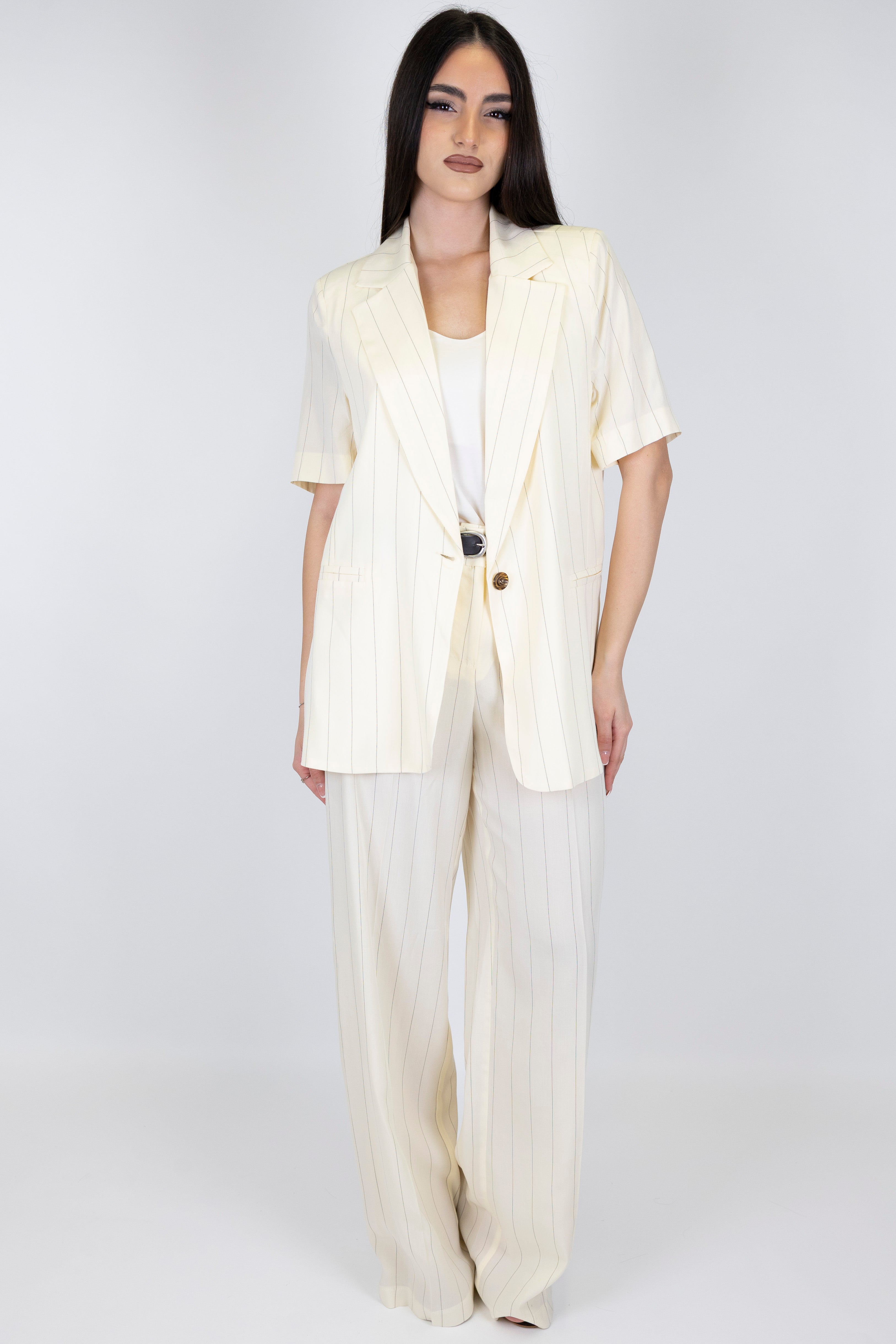Haveone - Pantalone palazzo gessato in lyocell con elastico sul retro