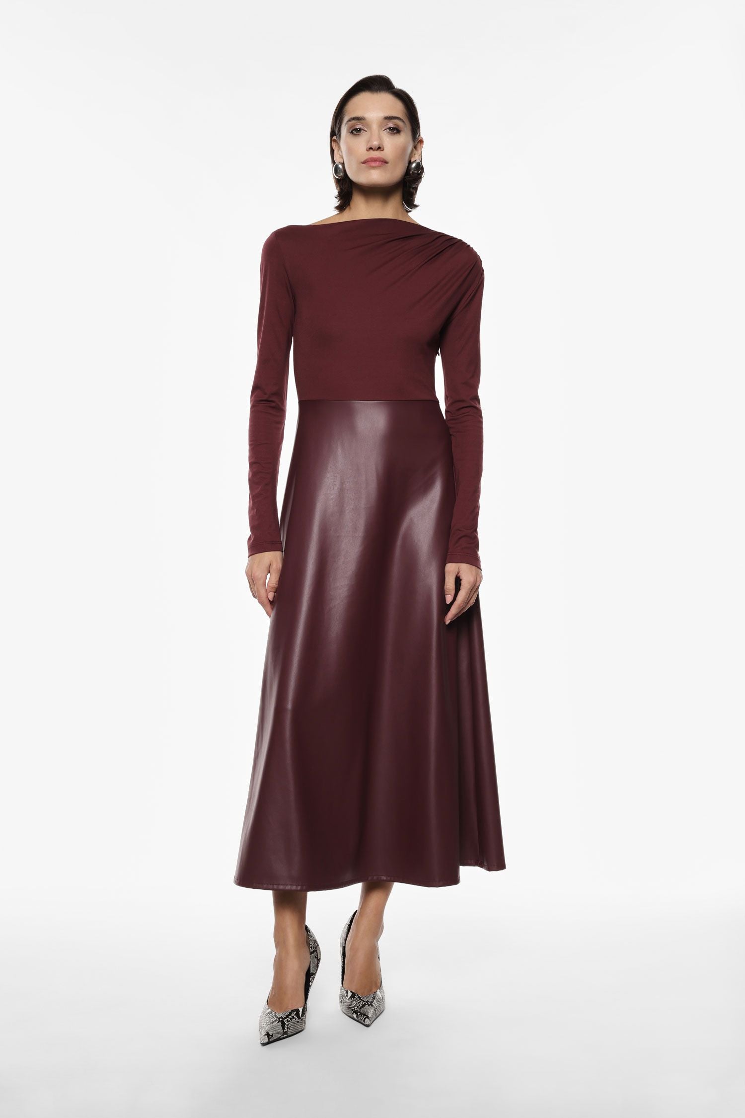 Imperial - Abito lungo scollo a barca con gonna in ecopelle