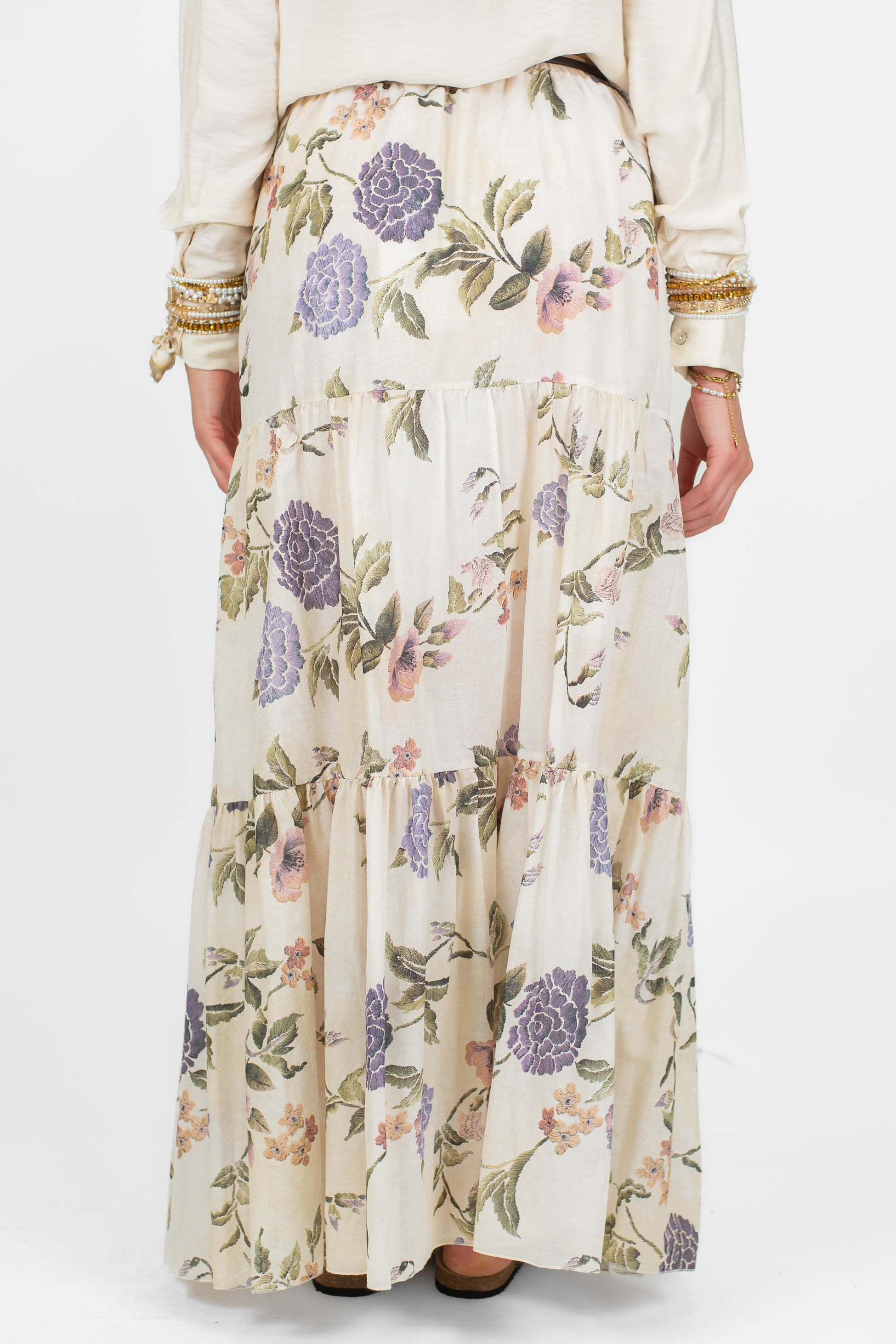 Tensione in - Gonna fantasia floreale con balze in mussola di cotone
