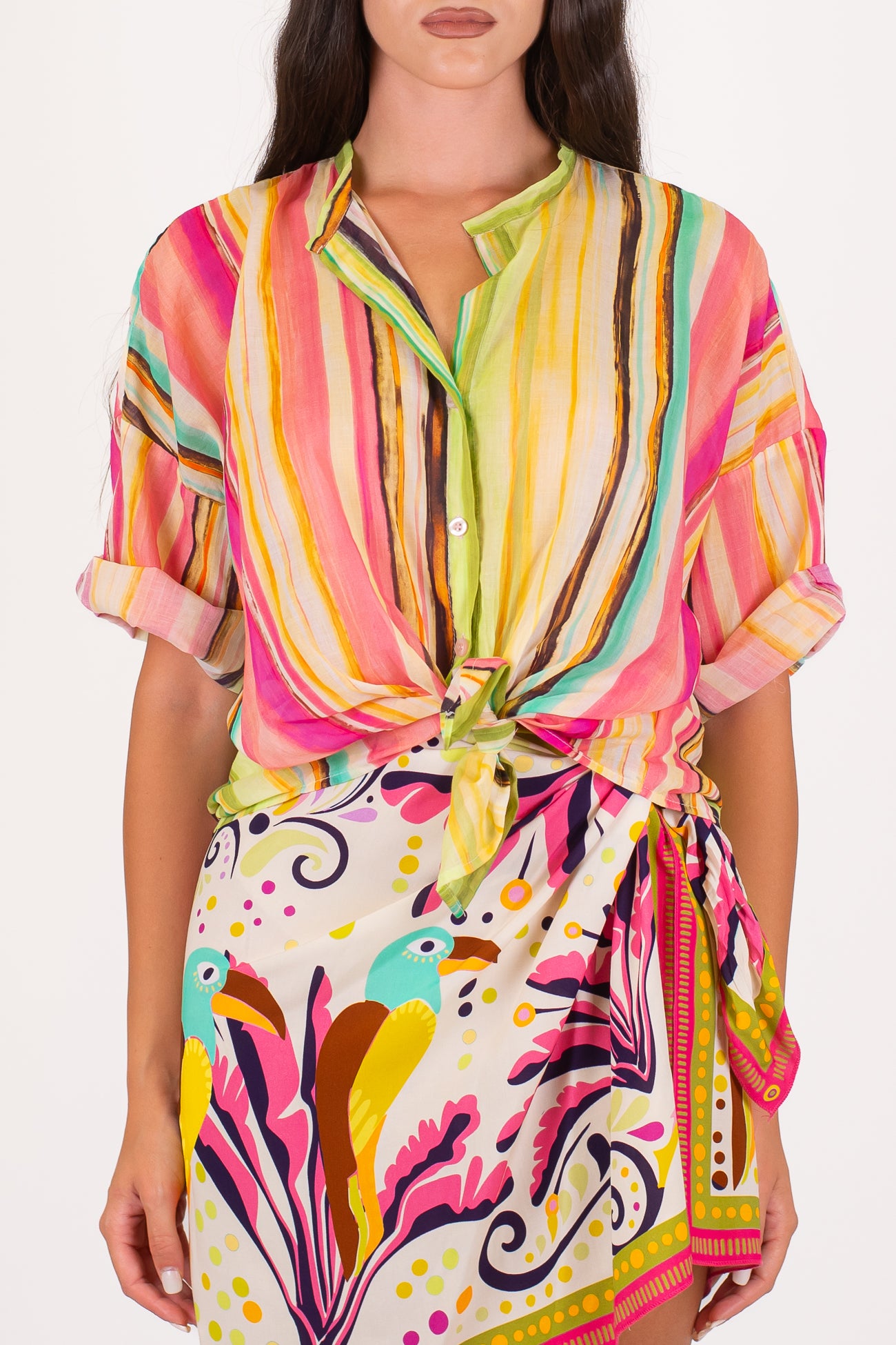 Tensione in - Camicia fantasia a righe fluo in mussola di cotone con collo coreano