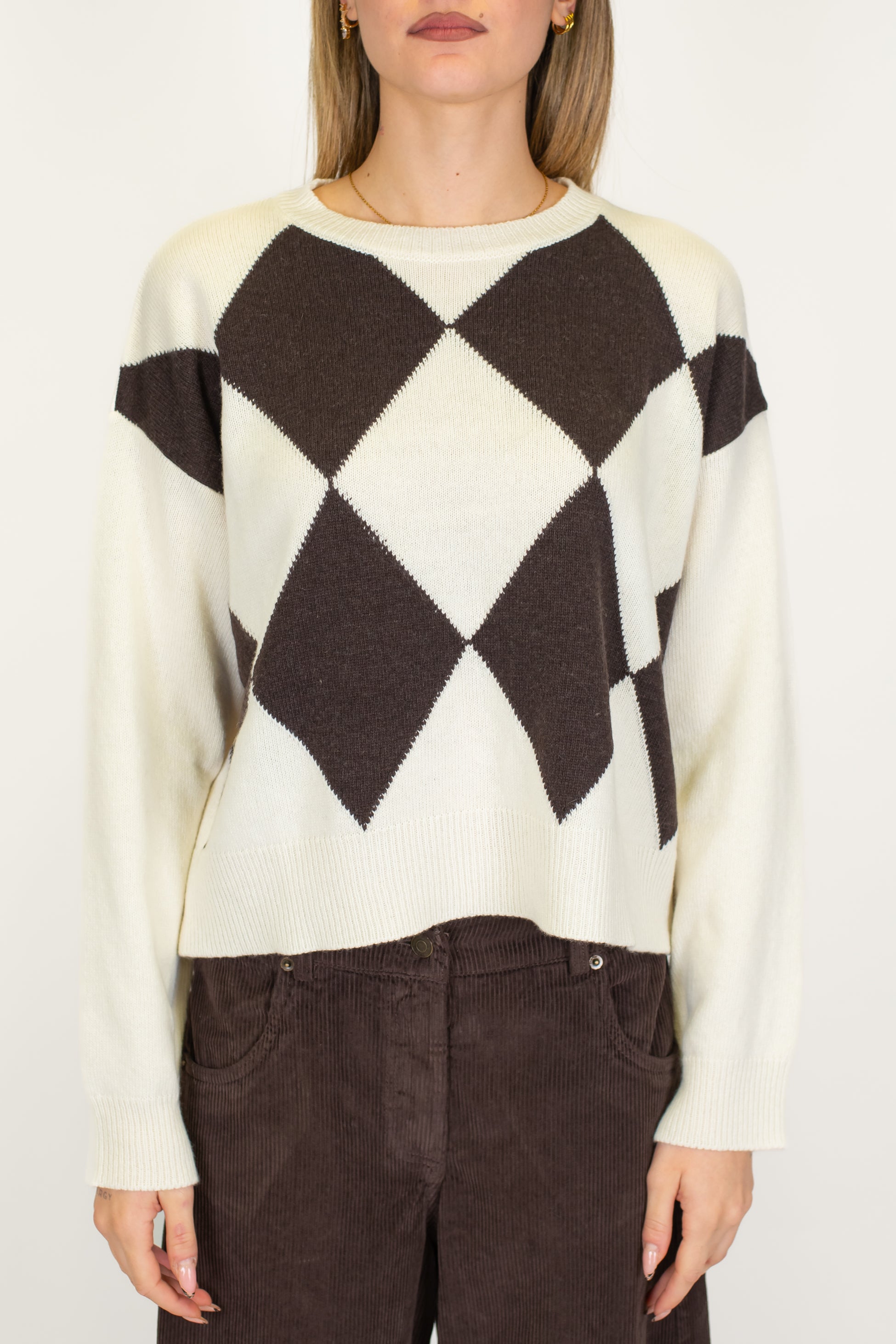 Tensione in - Maglia a scatola fantasia rombi a contrasto