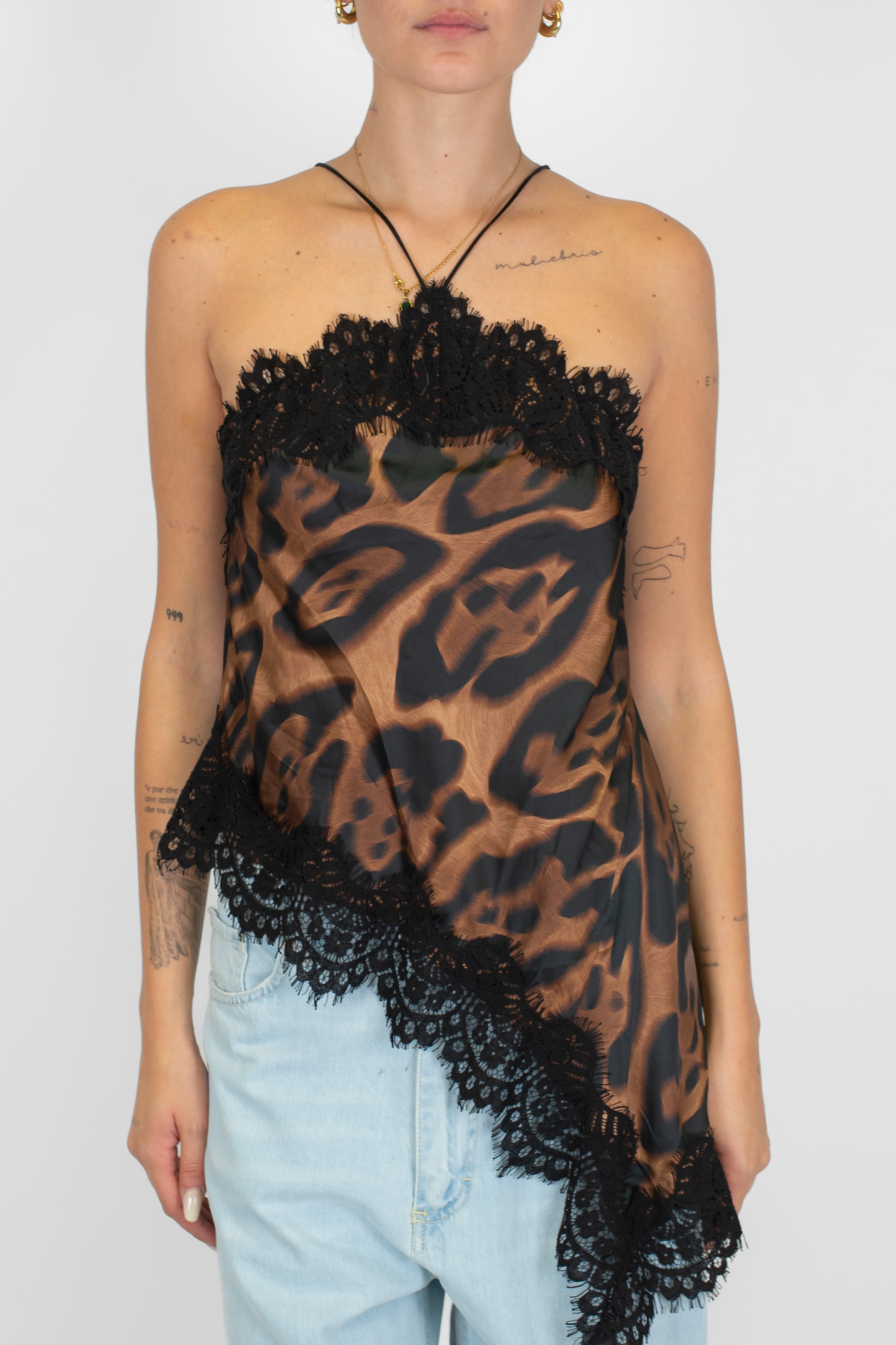 Motel - Top asimmetrico fantasia animalier in viscosa con orli in pizzo