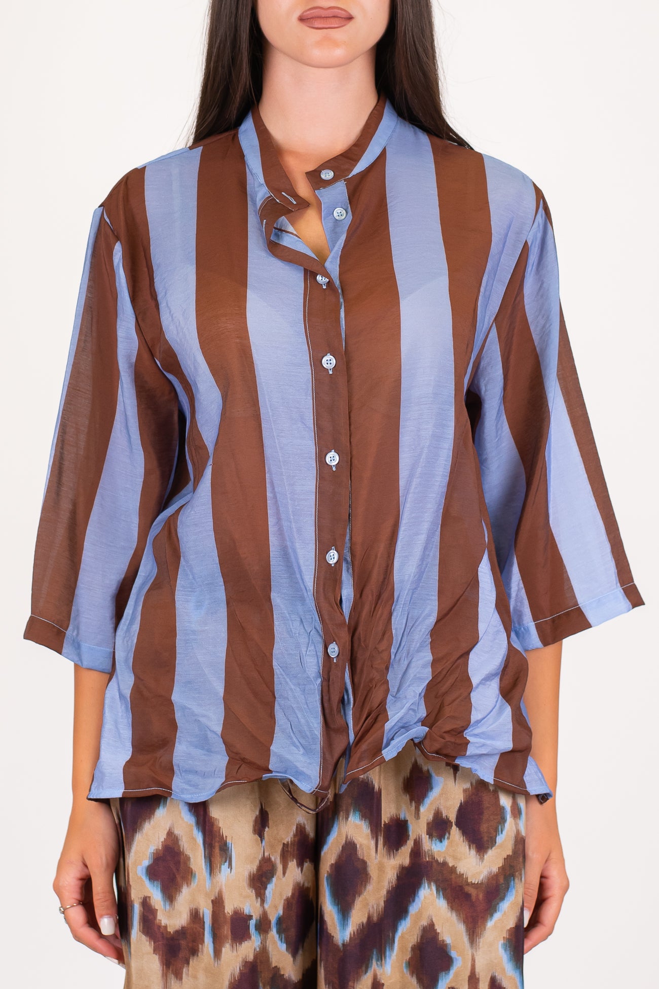 Dixie - Camicia fantasia a righe in viscosa leggera con collo coreano e manica