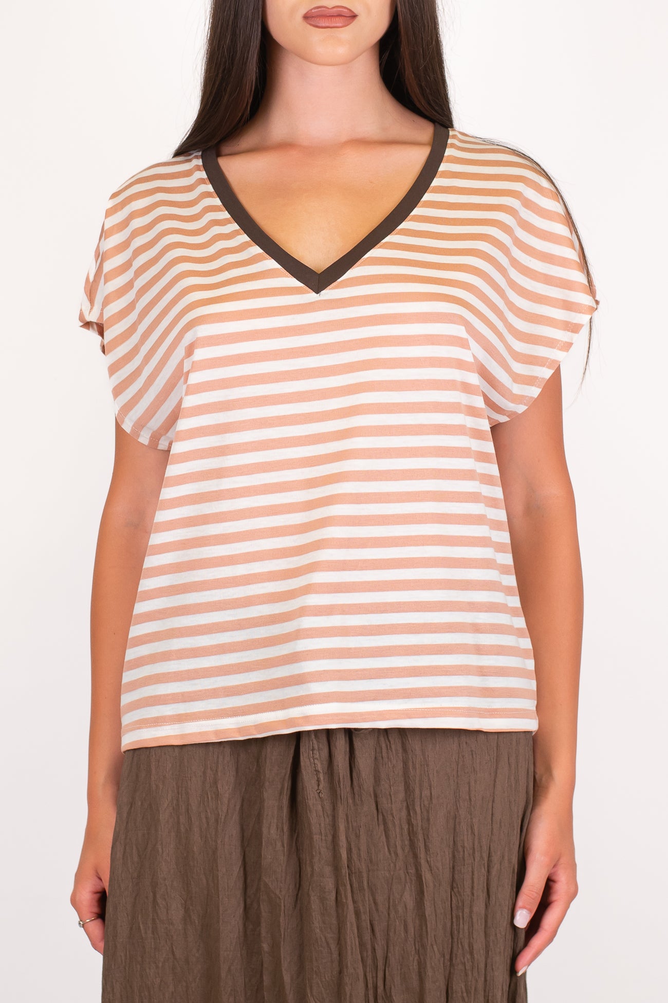 Dixie - T-shirt fantasia a righe con scollo a V a contrasto