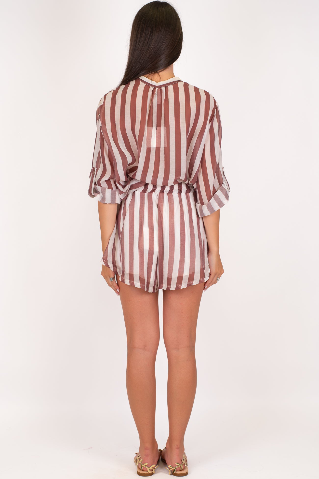 Tensione in - Coordinato camicia e shorts fantasia a righe in lyocell con profilo a contrasto floreale