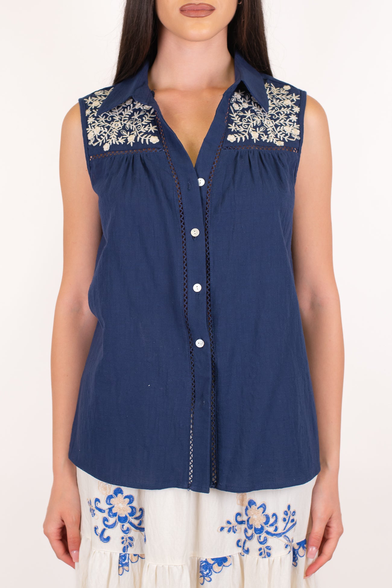 Souvenir - Camicia giromaniche con ricami floreali a contrasto