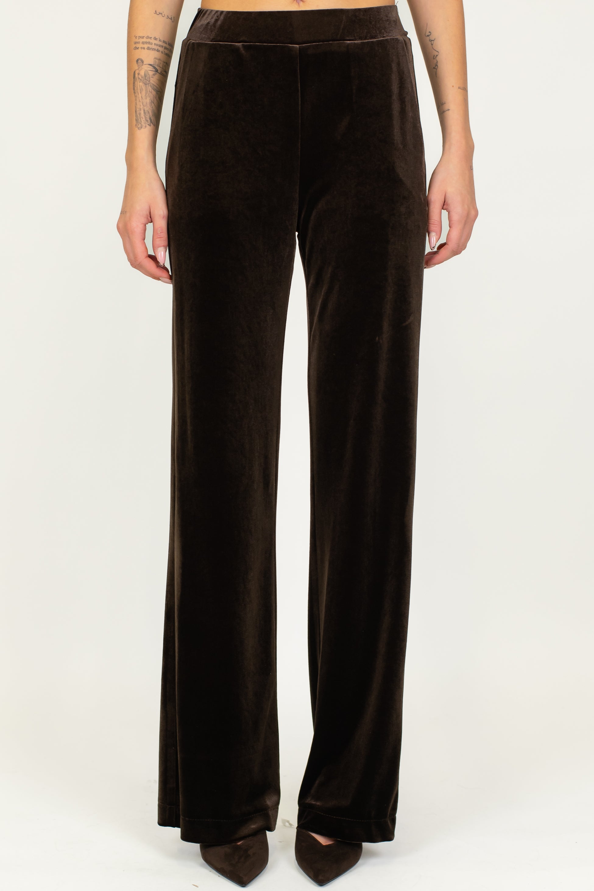 Maryley - Tailleur giacca con collo sciallato e pantalone palazzo in velluto con elastico in vita