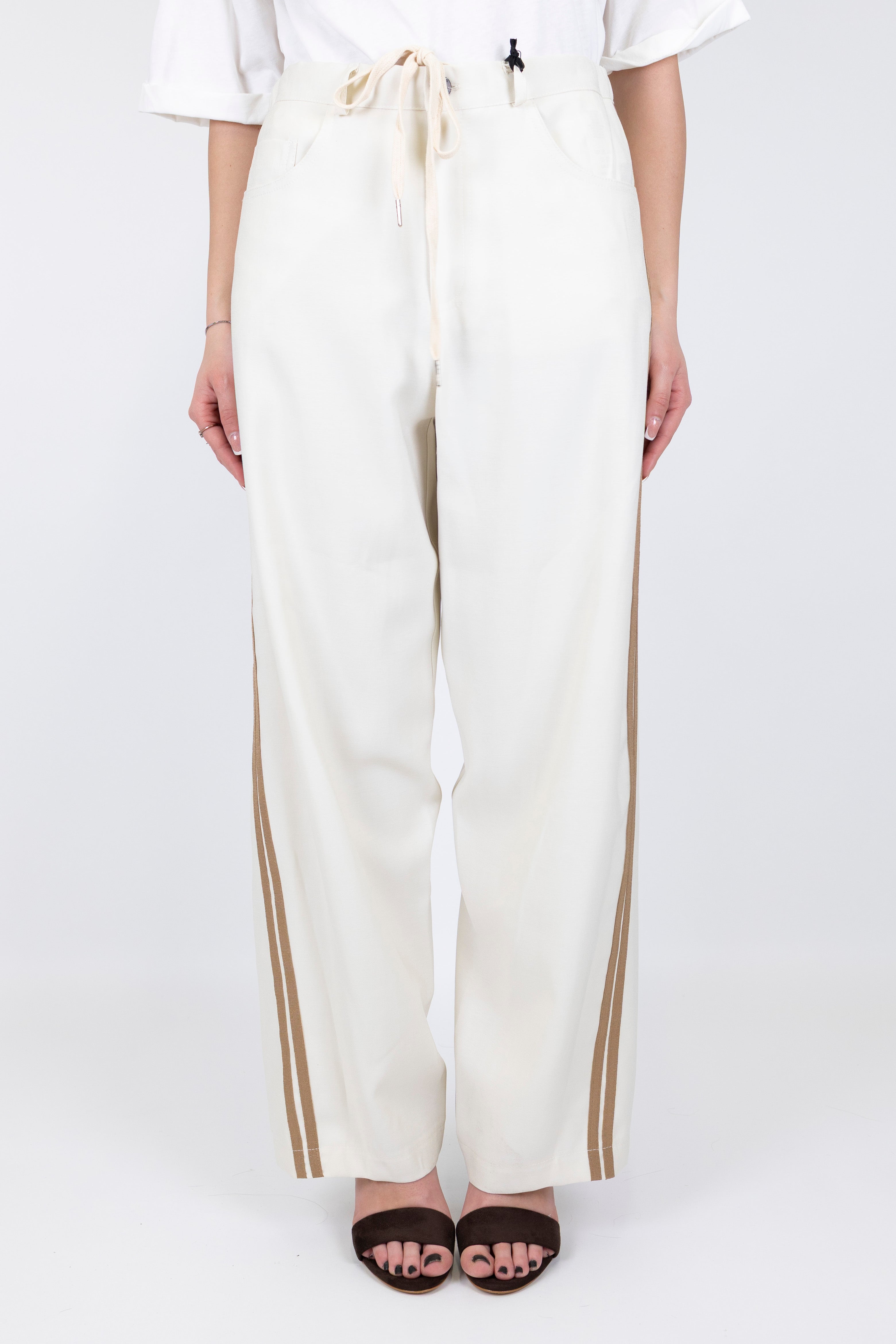 Maryley - Pantalone palazzo in viscosa leggera con coulisse e bande laterali a contrasto