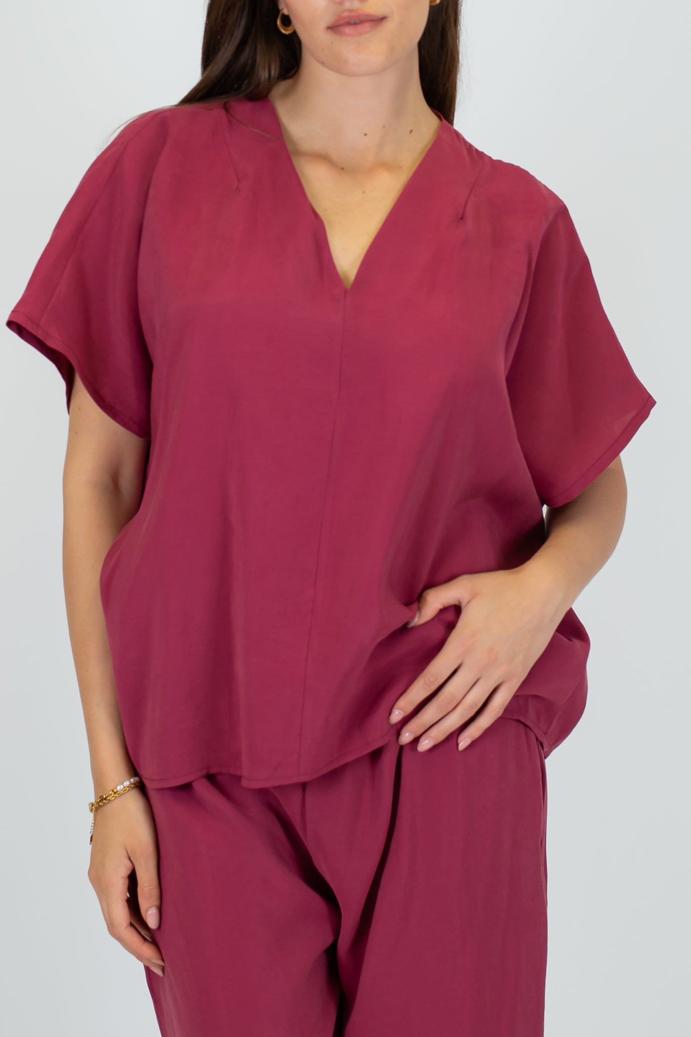 Haveone - Coordinato blusa scollo V e pantalone palazzo in cupro