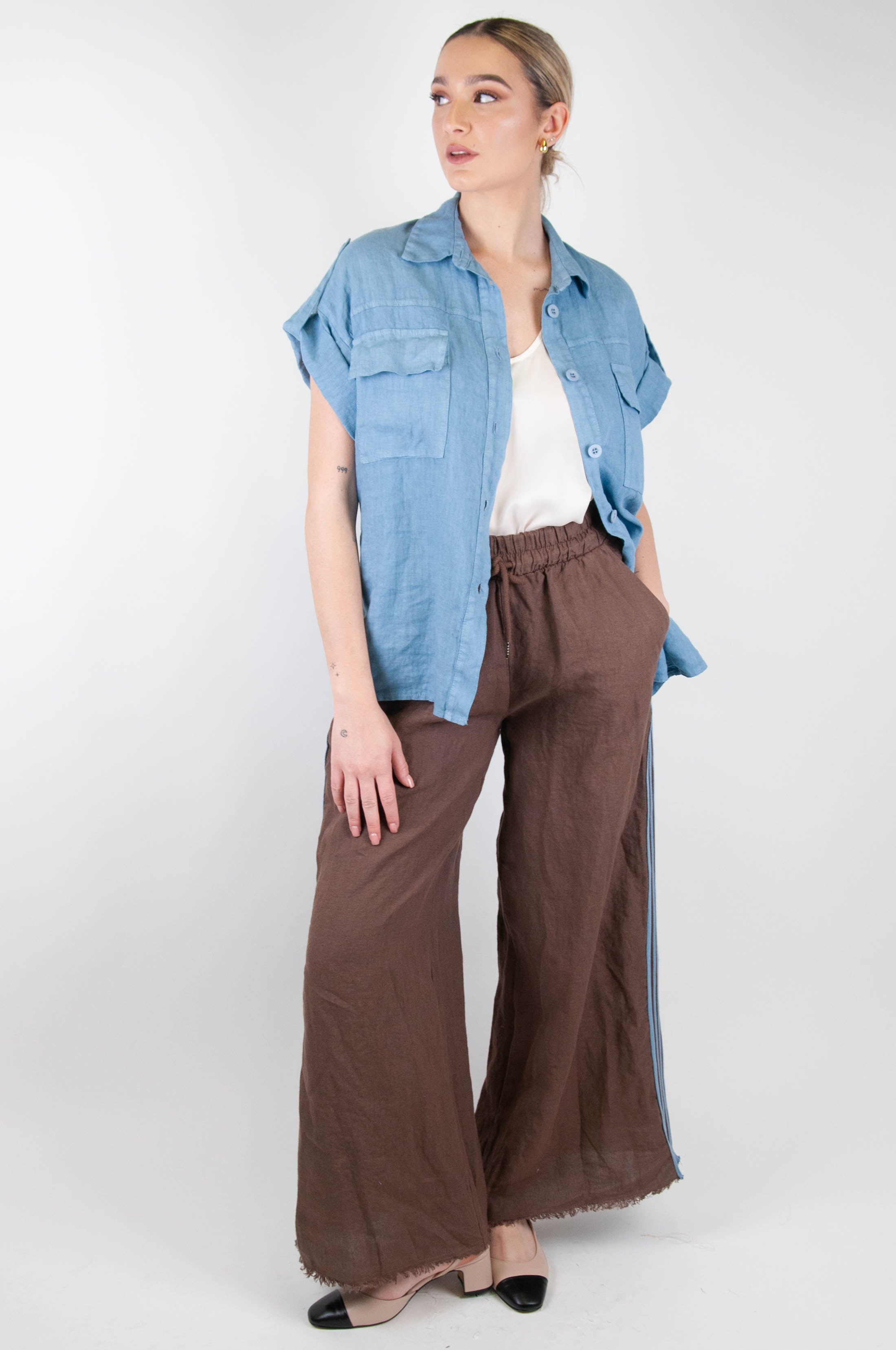 Motel - Linen palazzo trousers with drawstring and side band