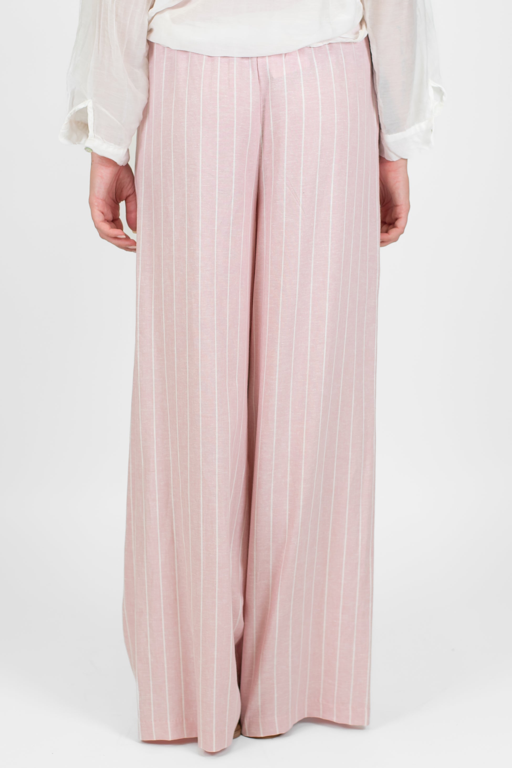 Motel - Pantalone palazzo gessato in misto lino con coulisse