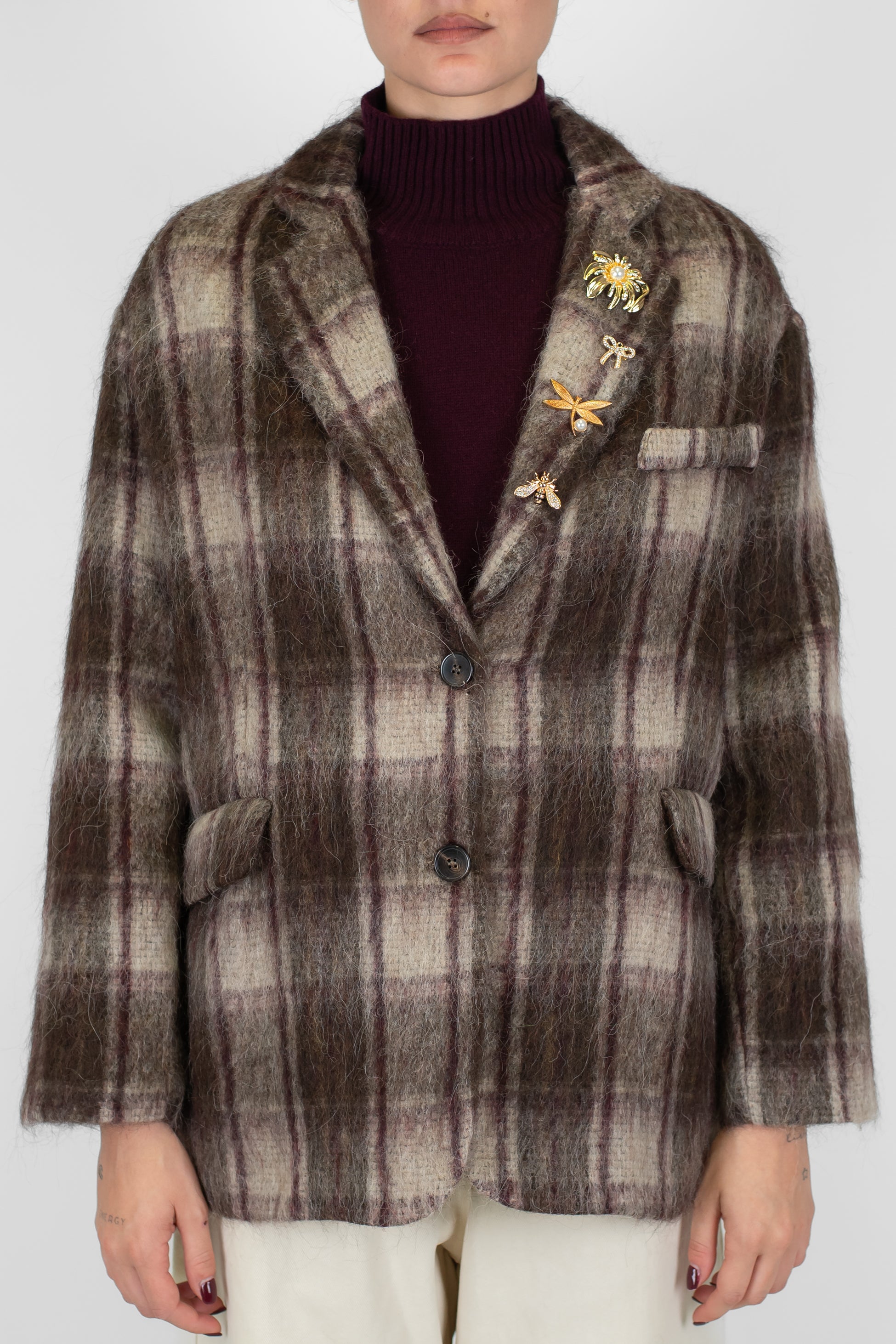 Motel - Giacca a scatola fantasia check in misto lana con spille gioiello