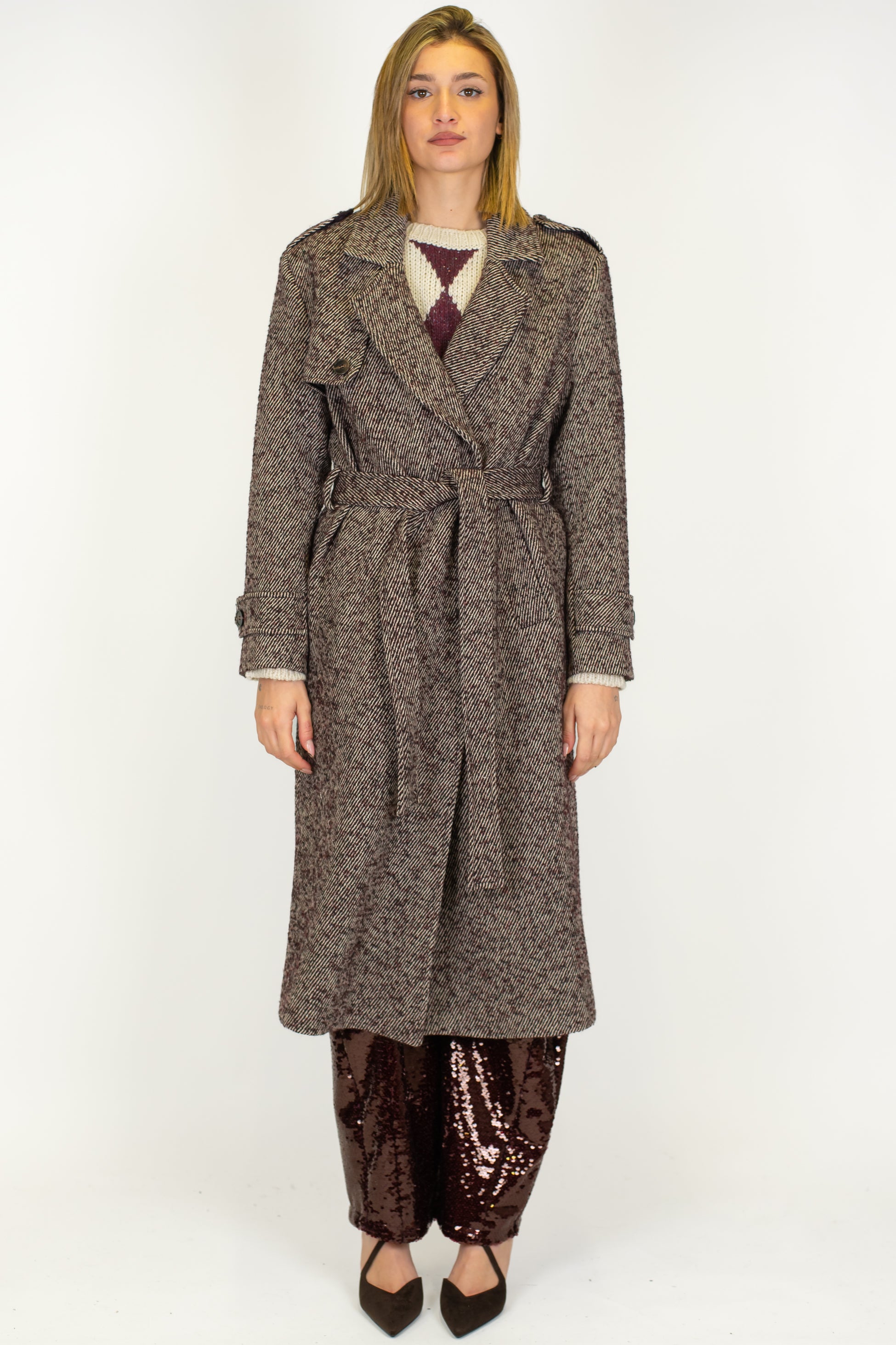 Tensione in - Cappotto lungo doppipetto fantasia spinata in misto lana con cintura in tessuto