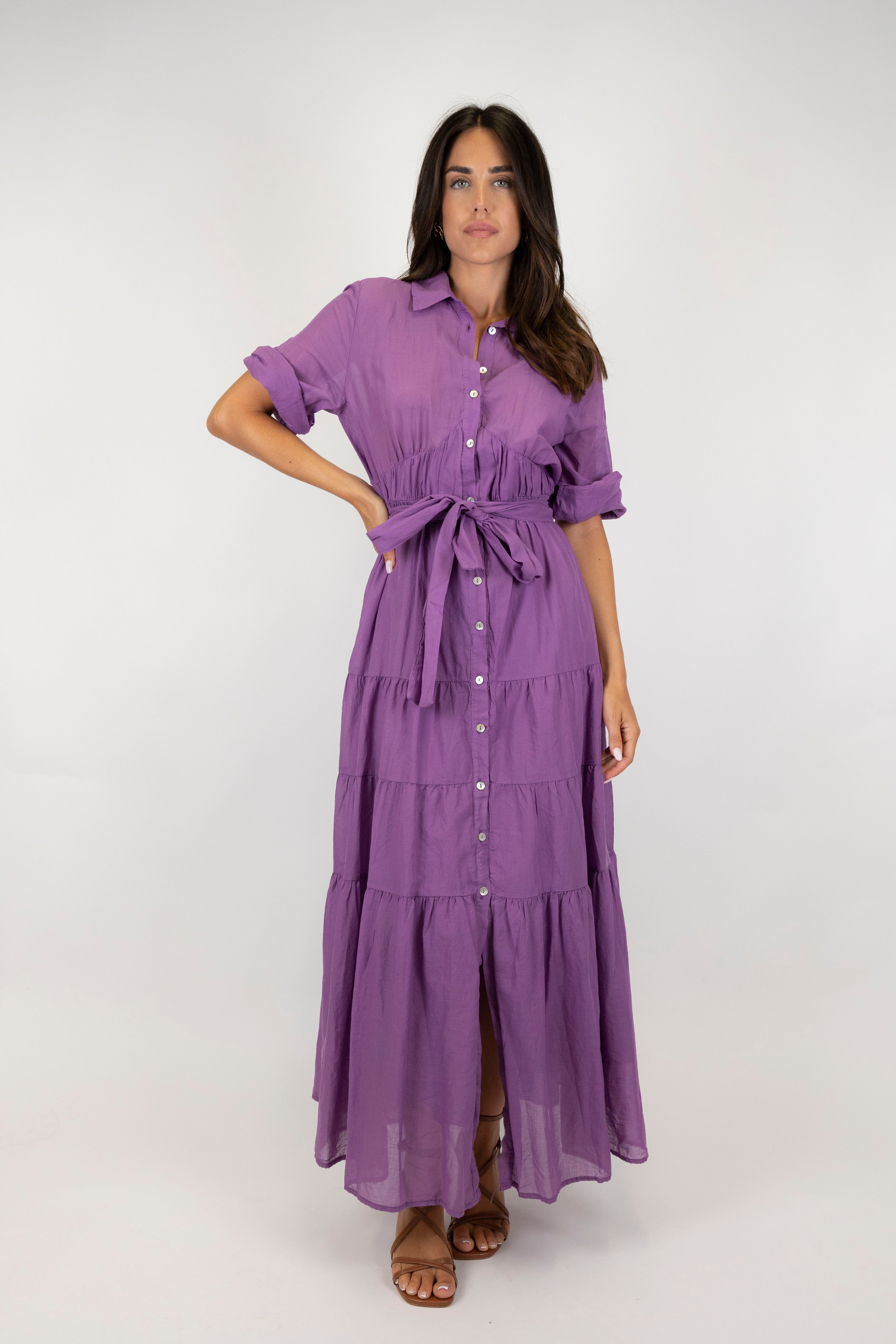 Tension in - Cotton muslin shirt dress with ruffles and fabric belt