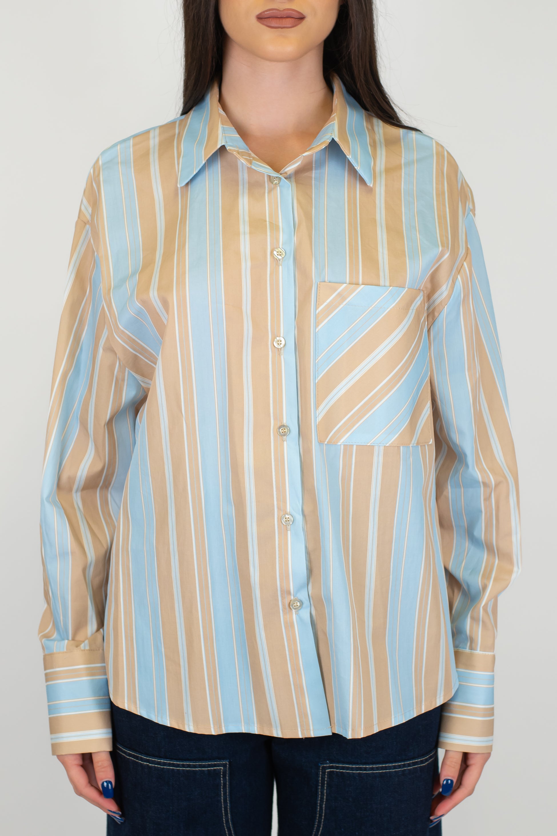 Haveone - Camicia fantasia righe a contrasto con tasca